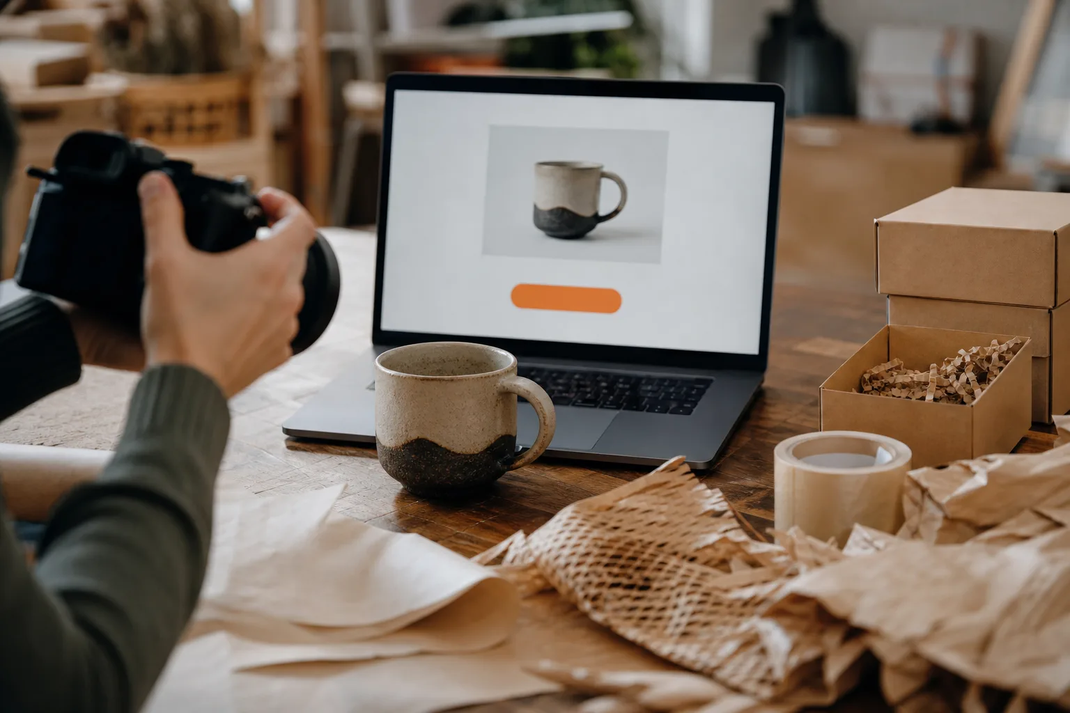 Egy kis stúdióasztalon egy kézműves kerámia bögre, mellette laptop nyitva egy egyetlen termékfotót és nagy színes gombot mutató, felirat nélküli weboldallal; a fotós keze egy fényképezőgéppel éppen a bögrét komponálja, körülötte szétszórva csomagolópapír, ragasztószalag és frissen elkészült termékdobozok.