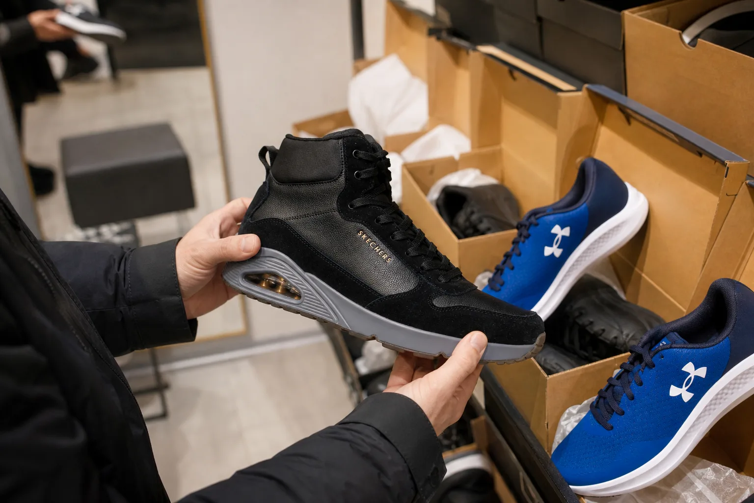 Outlet cipőbolt polcai között egy vásárló kézbe vesz egy prémium kidolgozású bőr sportcipőt, mellette több különböző fazonú cipő sorakozik nyitott dobozokban, a háttérben próbapad és tükör látszik.