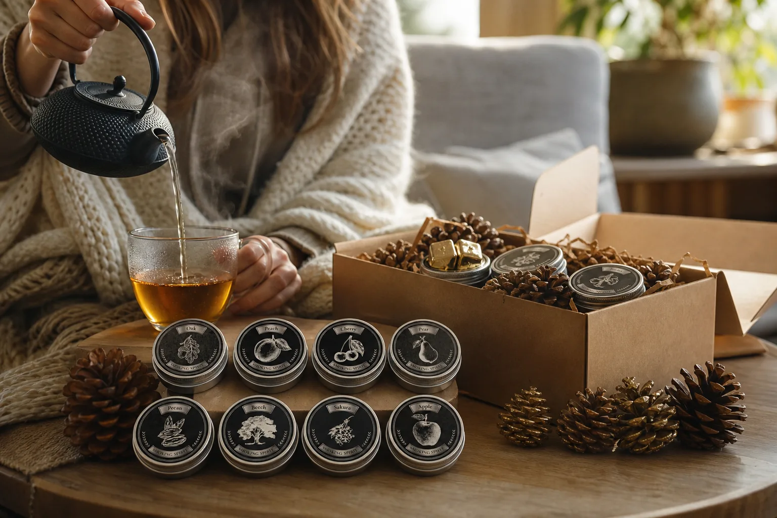 Otthoni nappaliban egy ügyfél vastag takaró alatt ül a kanapén, gőzölgő teát tölt egy frissen kapott bögrébe, mellette kibontott ajándékdobozból kézműves keksz, illatgyertya és fenyőtobozok hevernek az alacsony dohányzóasztalon.