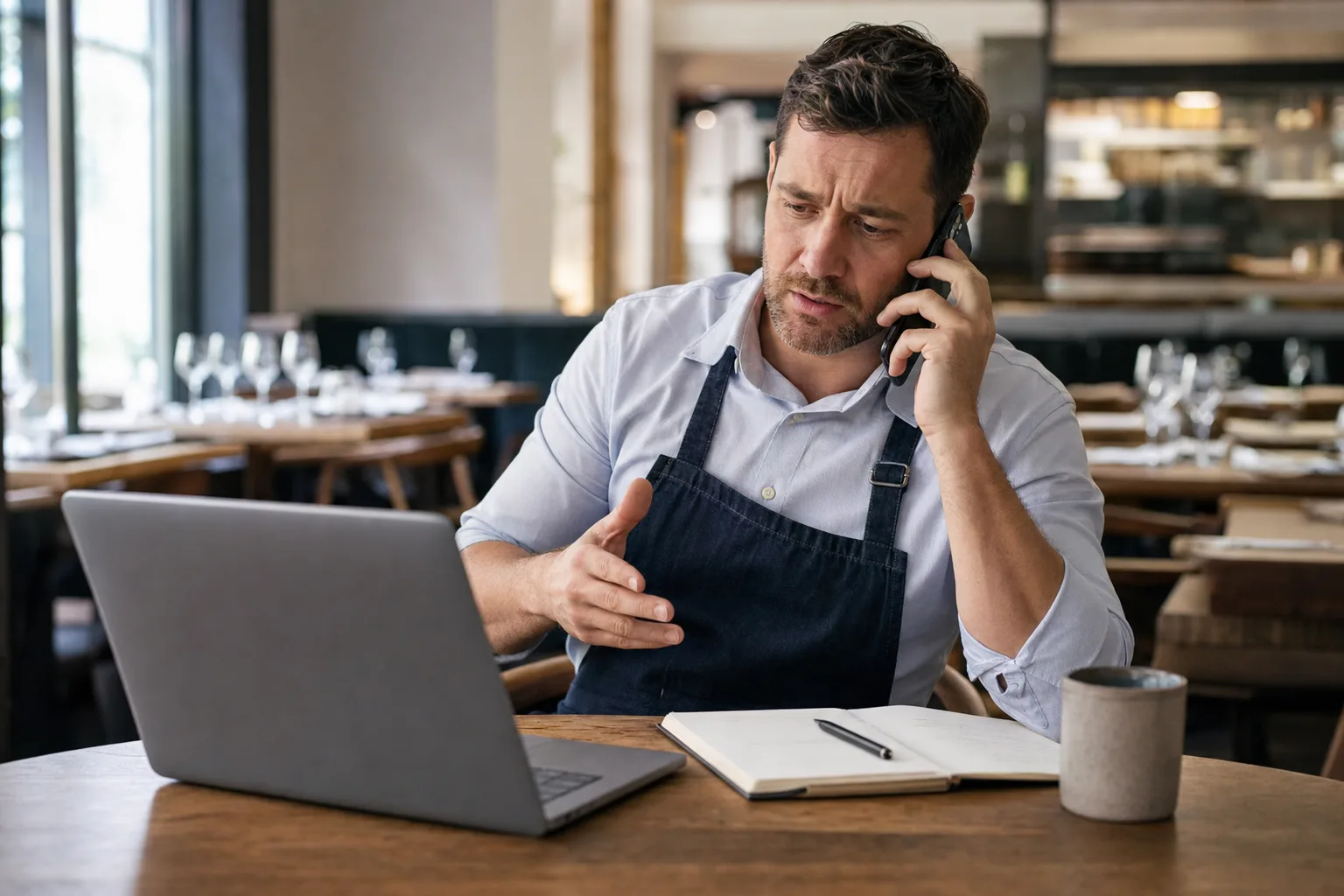 éttermi menedzser telefonon beszélget egy elégedetlen vendéggel, asztalon nyitott laptop és jegyzetfüzet