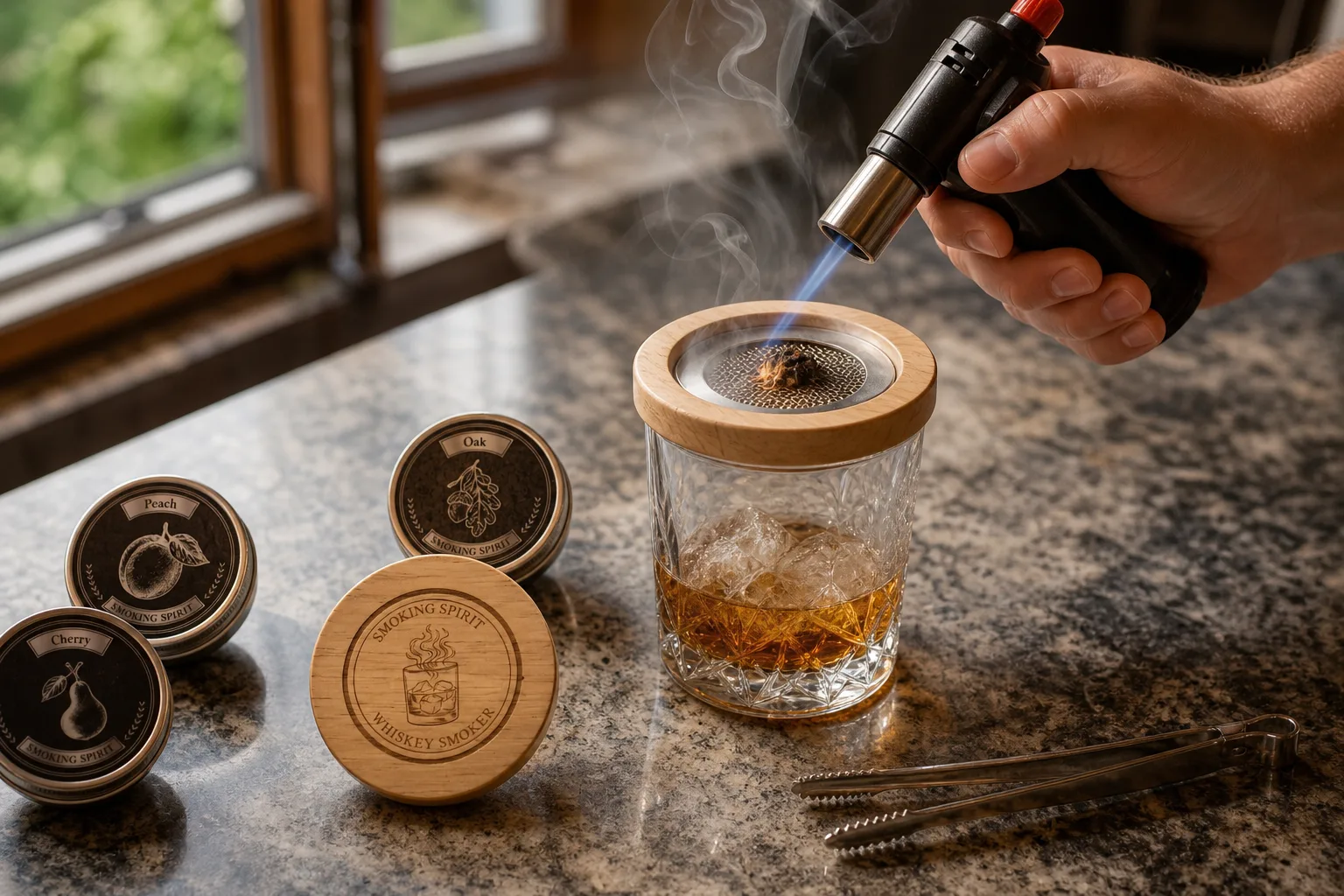 Kő konyhapulton egy kéz kis gázégő lángjával melegíti a faaprítékot a whiskeyspohár tetejére helyezett füstölőfedélben; a pohárban jég és borostyánszínű ital van, mellette fém csipesz, nyitott ablak és a pult szélétől távol tartott éghető tárgyak látszanak.