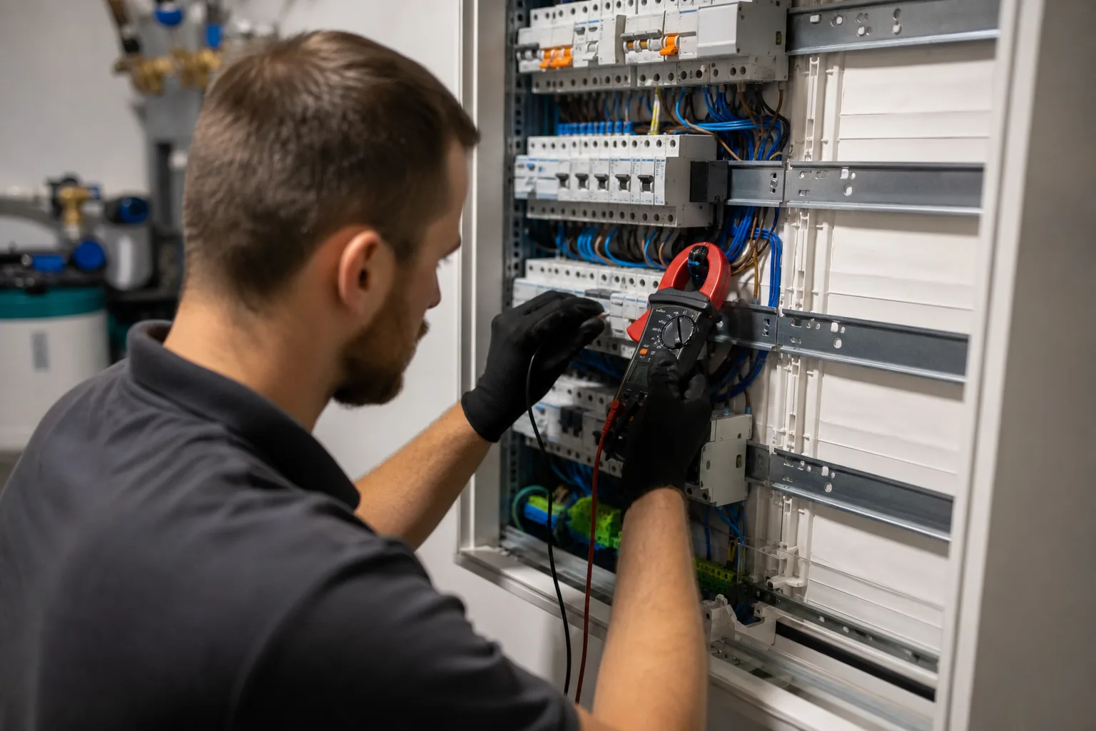 Nyitott elektromos elosztószekrény egy családi ház gépészeti helyiségében: a szerelő lakatfogóval mér egy vezetéket, mellette kismegszakítók, relék, rendezett kábelcsatornák és néhány üres modulhely látható bővítéshez.