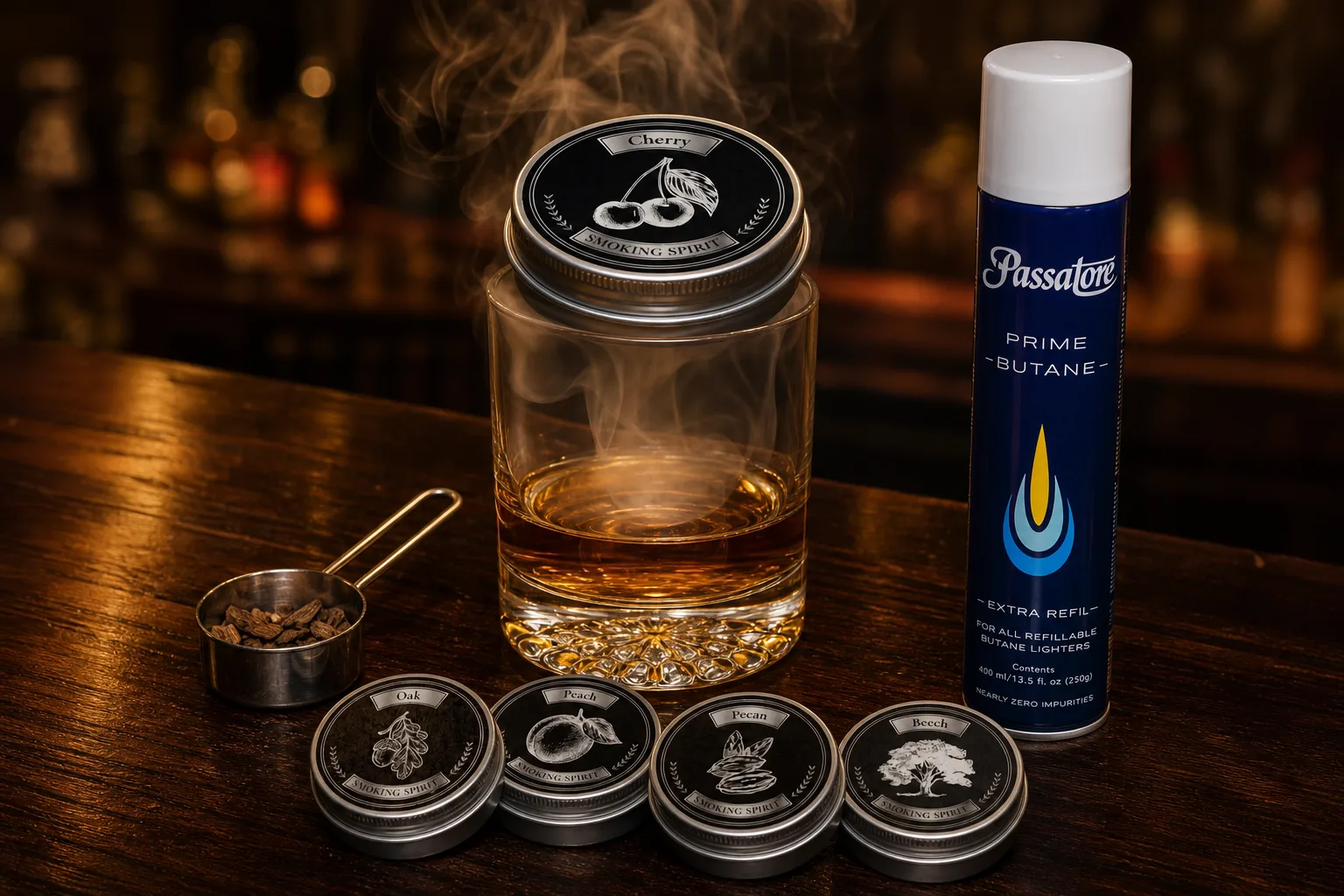 Sötét fa bárpulton egy alacsony talpas whiskeyspohár borostyánszínű itallal, mellette egy kis fém mérőkanálban kevés faapríték, a pohár tetején füstölőfedél, amelyből vékony füst gomolyog lefelé az ital fölé.