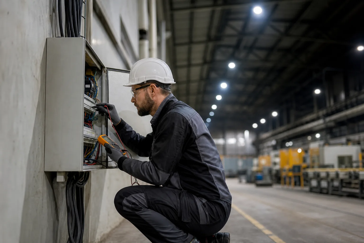Egy villanyszerelő nyitott elektromos elosztószekrény előtt térdel egy ipari csarnok falánál, multiméterrel ellenőrzi a bekötéseket, miközben a háttérben néhány csarnoklámpa világít, néhány pedig sötét marad a gépsor fölött.