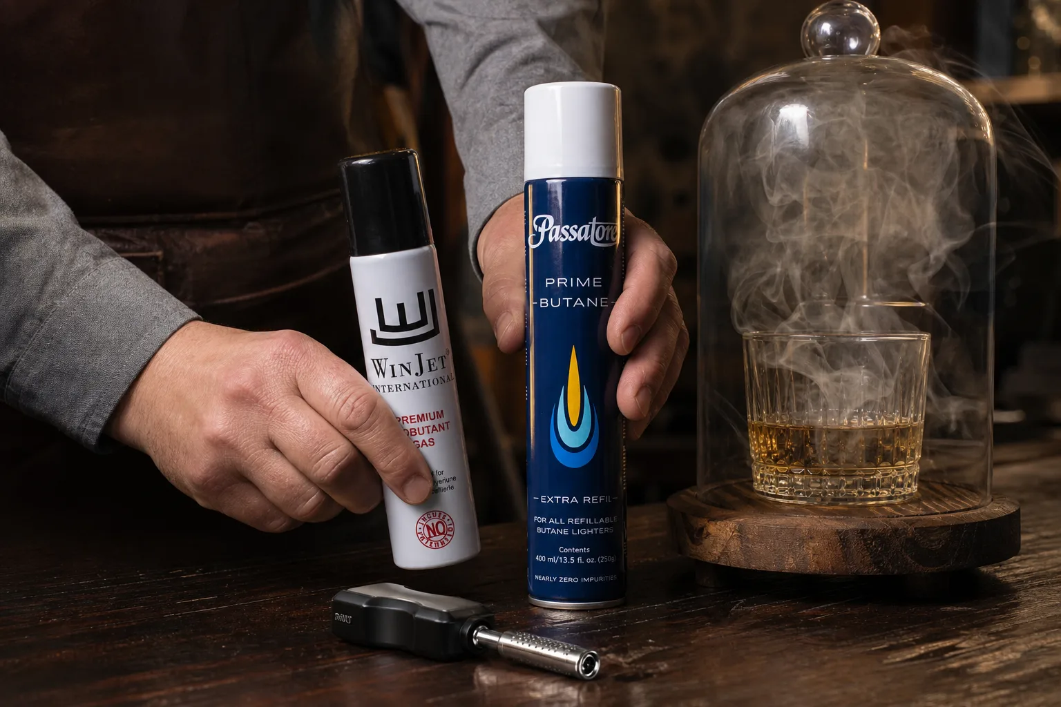 Sötét fa bárpulton egy füstbúra alatt álló whiskeyspohár mellett kézbe vett, fém fúvókás konyhai füstölő öngyújtó és egy jelöletlen, karcsú bután utántöltő palack látható, a fotós épp azt a pillanatot kapja el, amikor a palackot a füstölő mellé igazítják kiválasztáshoz.