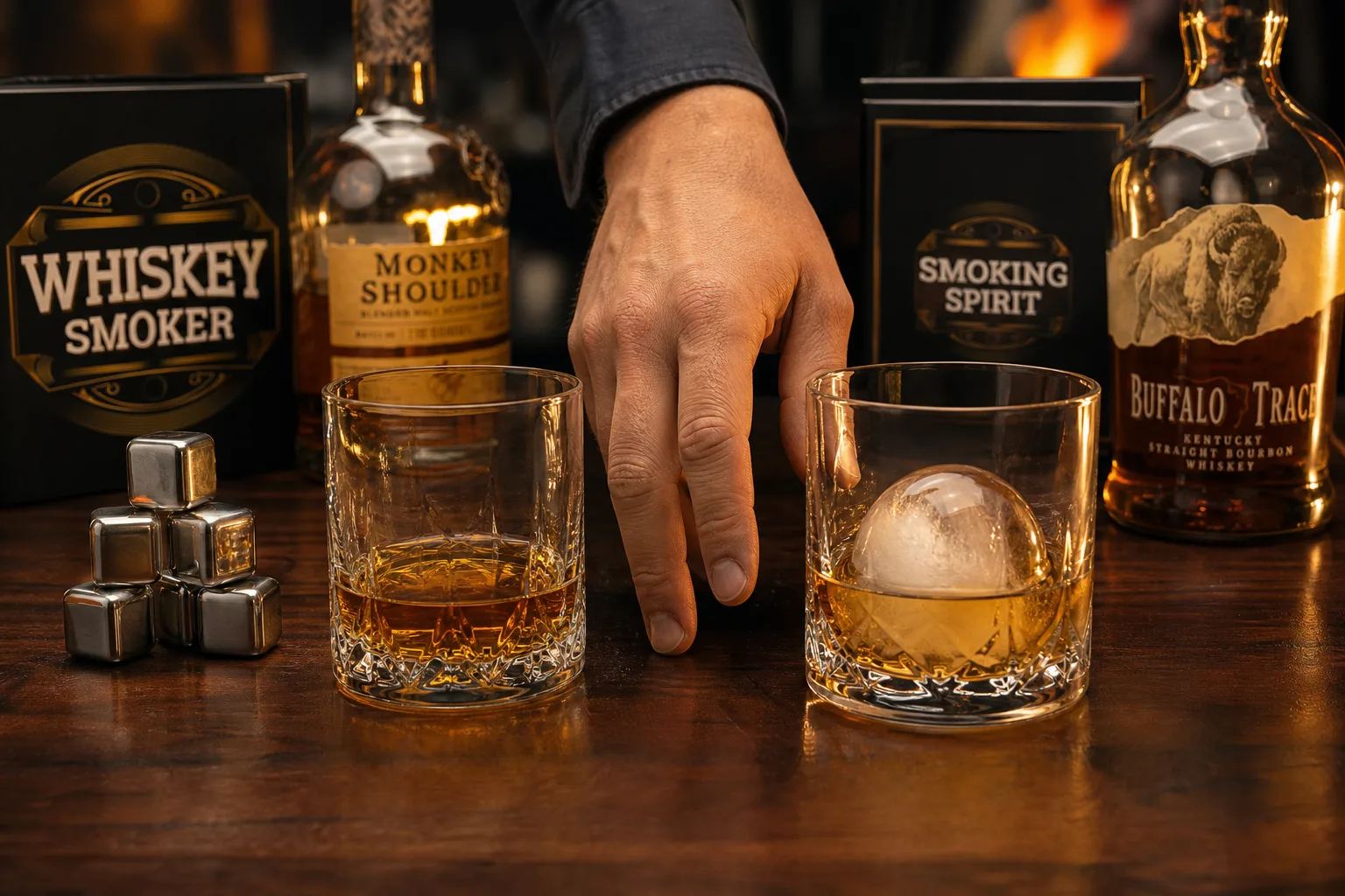 Sötét fa bárpulton két azonos alacsony whiskys pohár áll egymás mellett: az egyikben tiszta whiskey, a másikban egy nagy átlátszó jéggömbbel hűtött whiskey; egy kéz a két pohár között megállva választani készül.