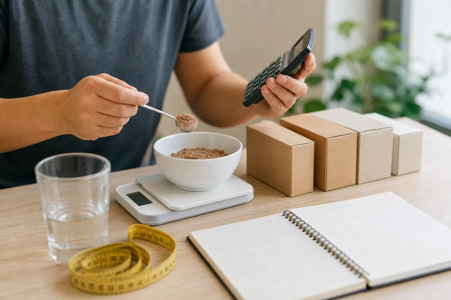 Világos étkezőasztalon digitális konyhai mérleg, mérőszalag, naptár, üres pohár és egymás mellé rendezett, címke nélküli termékdobozok; egy személy kanállal adagol port a mérlegen álló tálkába, miközben a másik kezével számológépet tart.