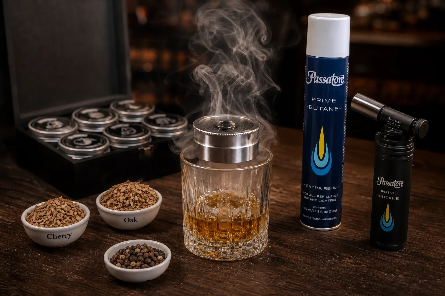 Makrófotó egy prémium whiskey füstölő szettről sötét fa bárpulton: tölgyfaforgács, cseresznyefa-forgács és fűszerek kis kerámiatálkákban, rozsdamentes füstölőfej, mini lángszóró, vastag falú whiskys pohár jéggel, amely fölött sűrű aromás füst kavarog.