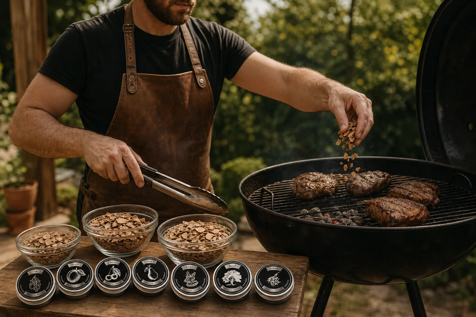 Kerti teraszon egy faszenes grillsütő mellett három különböző méretű átlátszó tálkában faaprítékok állnak, egy hobbiszakács kezében grillcsipesszel a sütőrácsra helyezett húsokat figyeli, miközben a másik kezével egy kis marék faaprítékot készül a parázsra szórni.