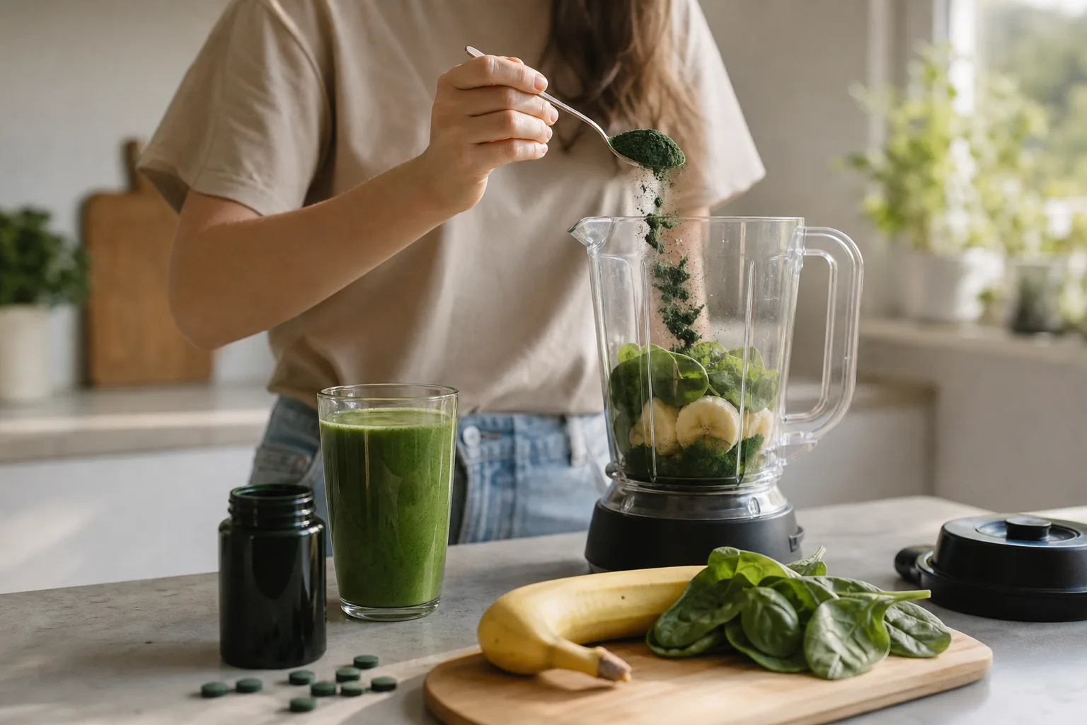 Konyhai pulton egy nyitott üveg spirulina tabletta, mellette zöld smoothie-val teli pohár, friss banán és spenótlevelek; egy fiatal felnőtt reggeli fényben épp a turmixgép kancsójába szór egy kanál spirulina port.