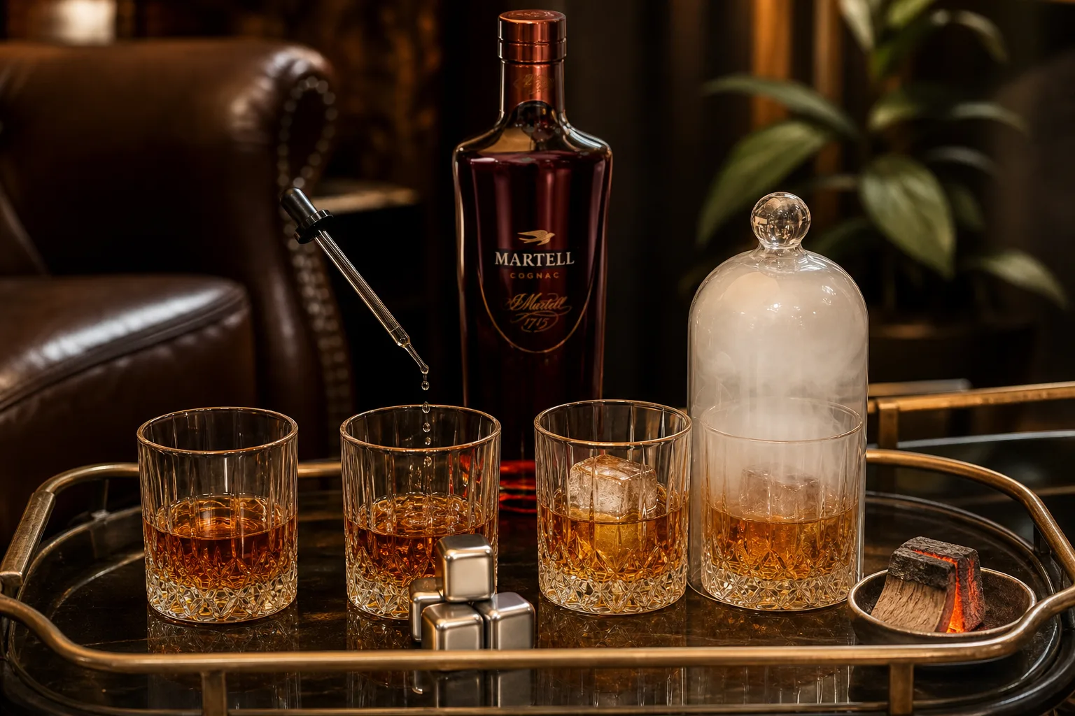 Otthoni bárkocsin négy pohár whiskey különböző módon előkészítve: egy tisztán, egybe pipettából vizet cseppentenek, egyben nagy jégkocka van, a negyedik üvegbúra alatt füsttel telik meg; mellette kis tálban parázsló fadarabok.