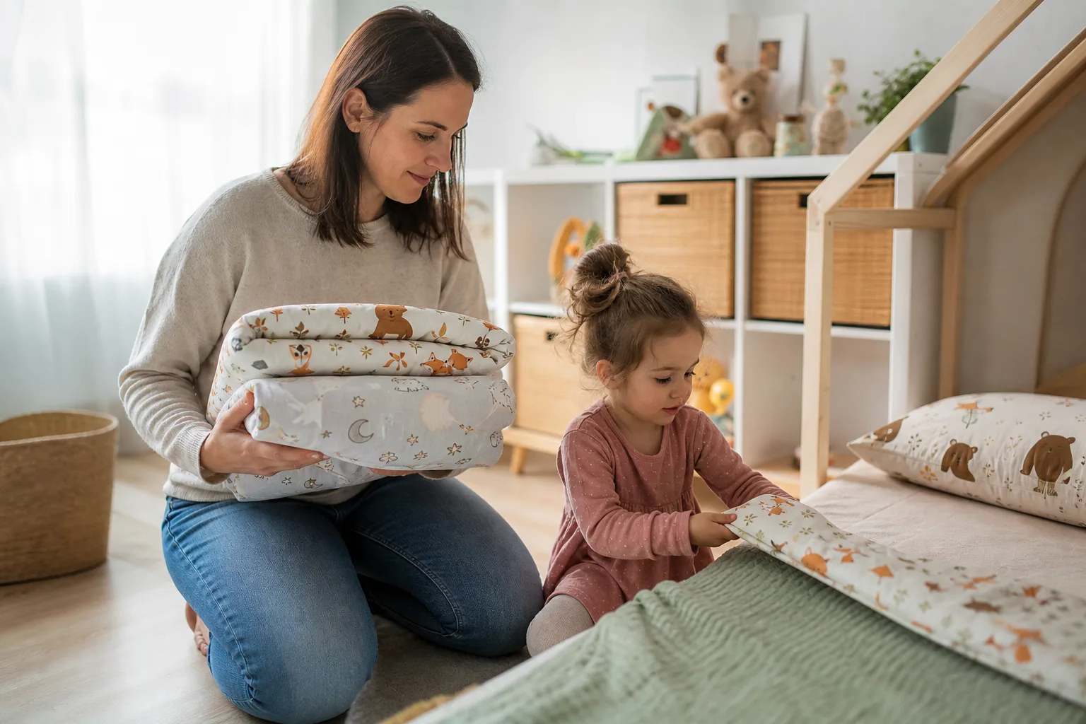 Egy szülő egy világos gyerekszobában két összehajtott, mintás ovis ágyneműszettet tart a kezében az alacsony gyerekágy mellett, miközben a kisgyerek az egyik puha takaró sarkát tapintja.