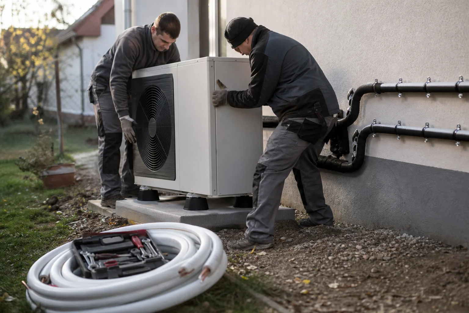 Családi ház hátsó udvarán két szakember hőszivattyú kültéri egységet emel beton alapra, mellette szigetelt rézcsövek, szerszámosláda és a falon frissen rögzített csőbilincsek láthatók.