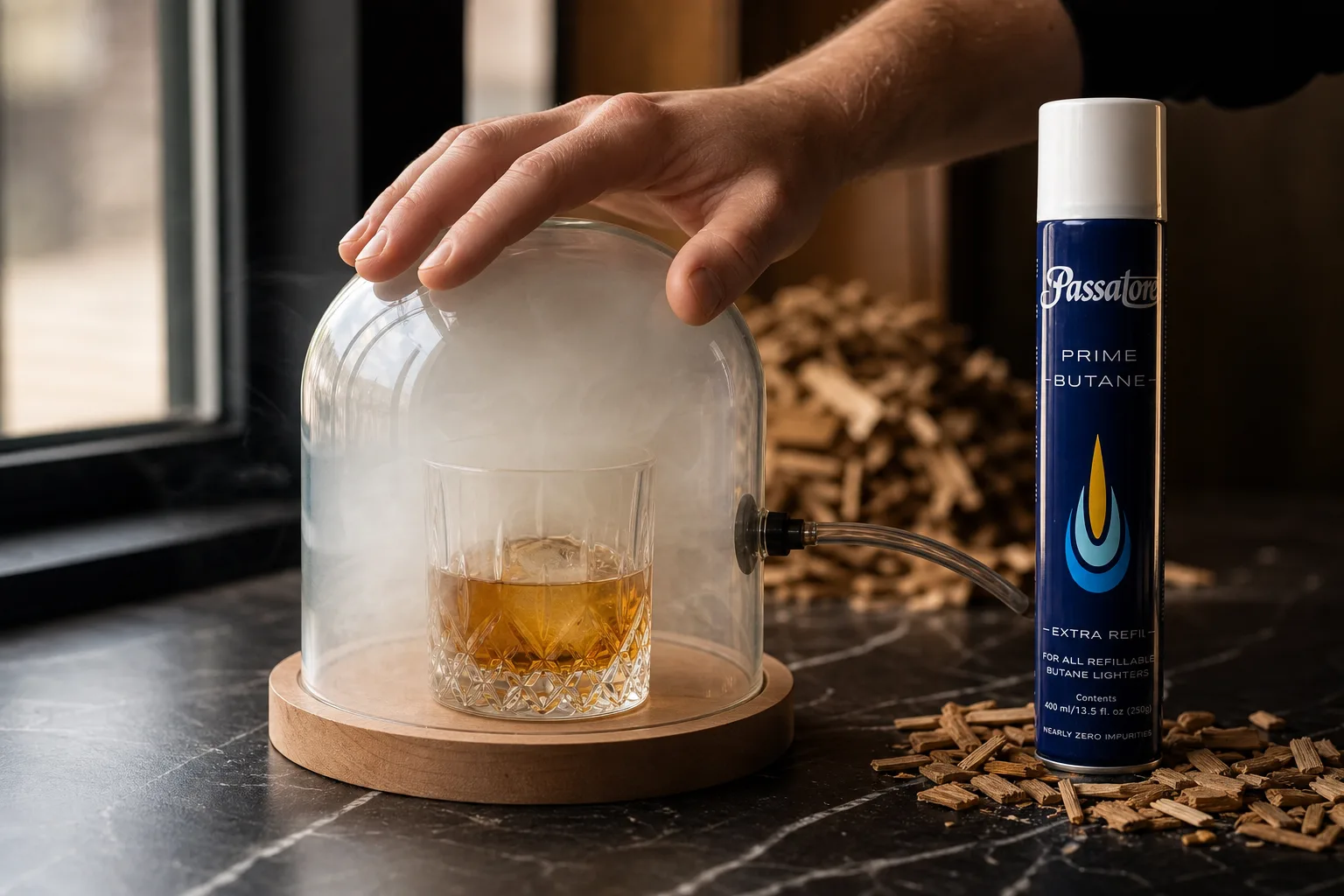Szélvédett konyhapultnál készült jelenet: a whiskeyspohár szorosan lefedve üvegkupolával, oldalról vékony csövön át áramlik be a füst, a háttérben csukott ablak és félretolt nyers faforgács; egy kéz finoman lenyomva tartja a kupolát, hogy a füst a pohárban maradjon.