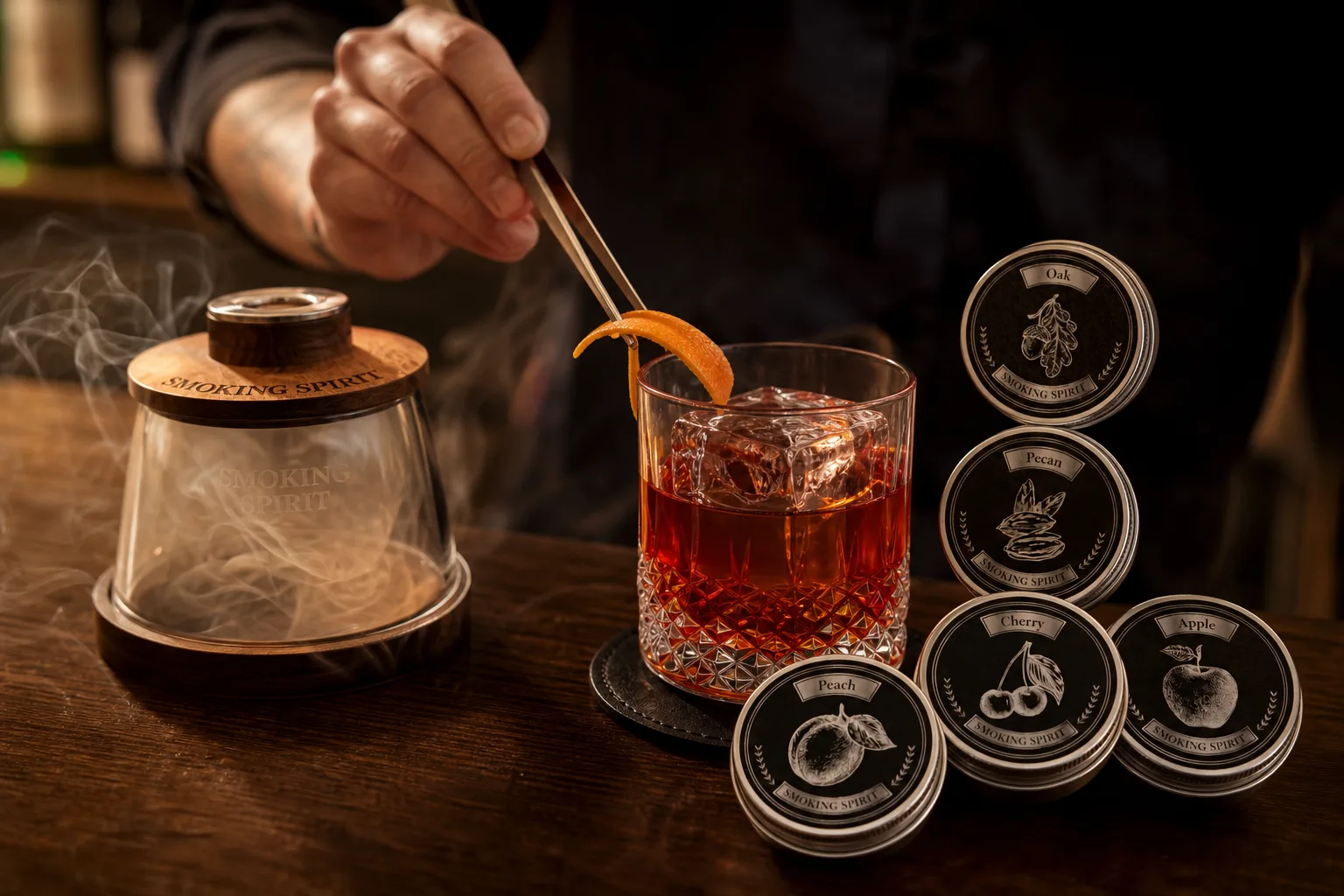 Sötét fa bárpulton narancshéjjal díszített, borostyánvörös füstölt Negroni áll alacsony, vastag talpú pohárban egyetlen nagy jégkockával; mellette nyitott üveg füstbúra alól vékony füst gomolyog, a bartender épp csipesszel igazítja a narancshéjat a pohár peremén.