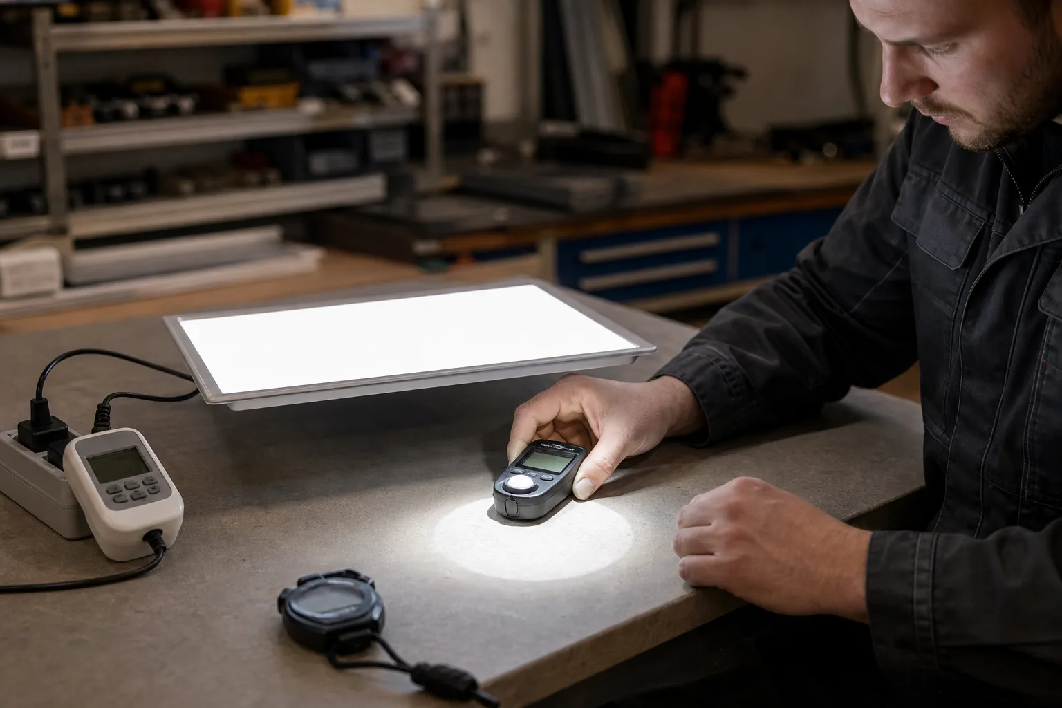 Műhelyasztalon elhelyezett bekapcsolt LED panel, mellette digitális wattmérő, kézi fénymérő a panel alatti fényfoltban, valamint stopperóra; egy technikus jegyzetelés helyett a fénymérőt tartja pontosan a panel alá.