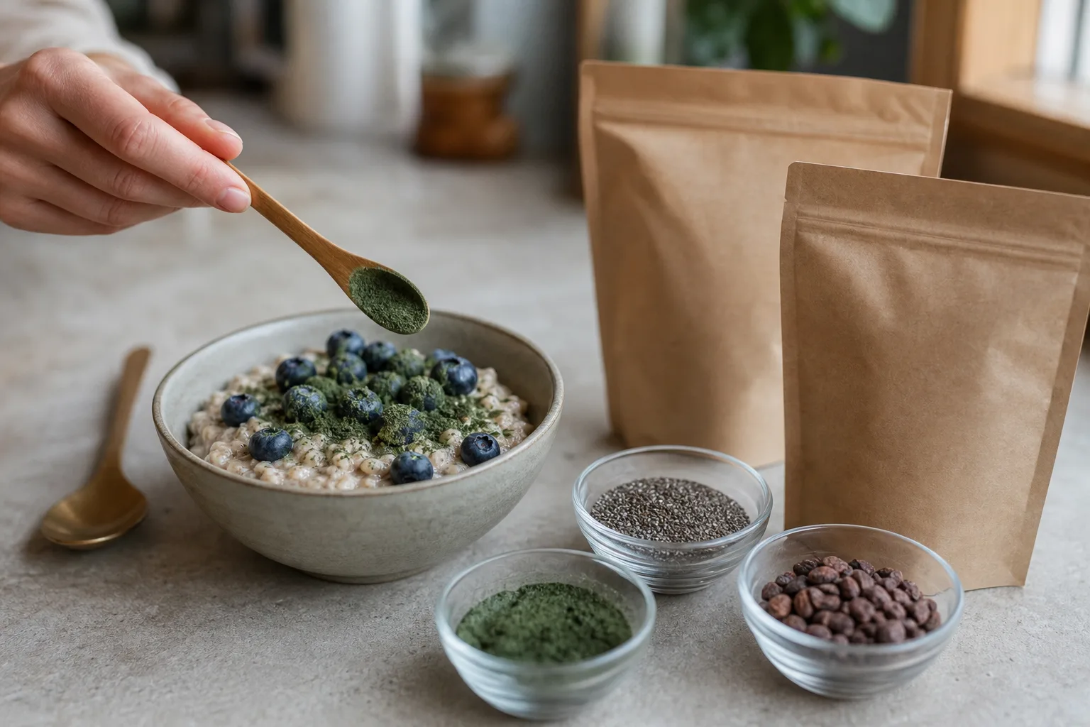 Konyhapulton egymás mellett egy tál zabkása friss áfonyával, egy kis üvegtál spirulinaporral, chia maggal és kakaóbabtörettel; egy kéz fakanállal a zöld port szórja a zabkására, mellette nyitott csomagolás nélküli papírtasakok és egy kanál.