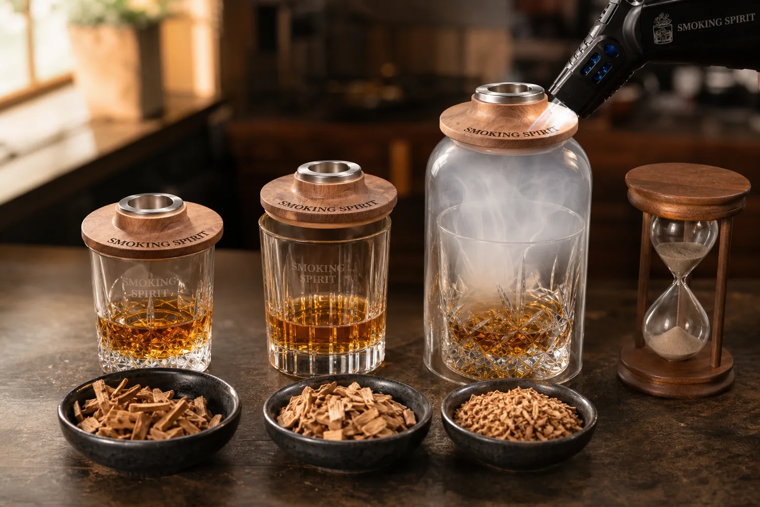 Konyhapulton három különböző méretű whiskeyspohár egymás mellett, előttük három különböző nagyságú halom faapríték kis kerámiatálkákban; az egyik pohár fölött füstölőpisztoly csöve füstöt enged üvegbúra alá, mellette homokóra pereg, minden felirat és logó nélkül.