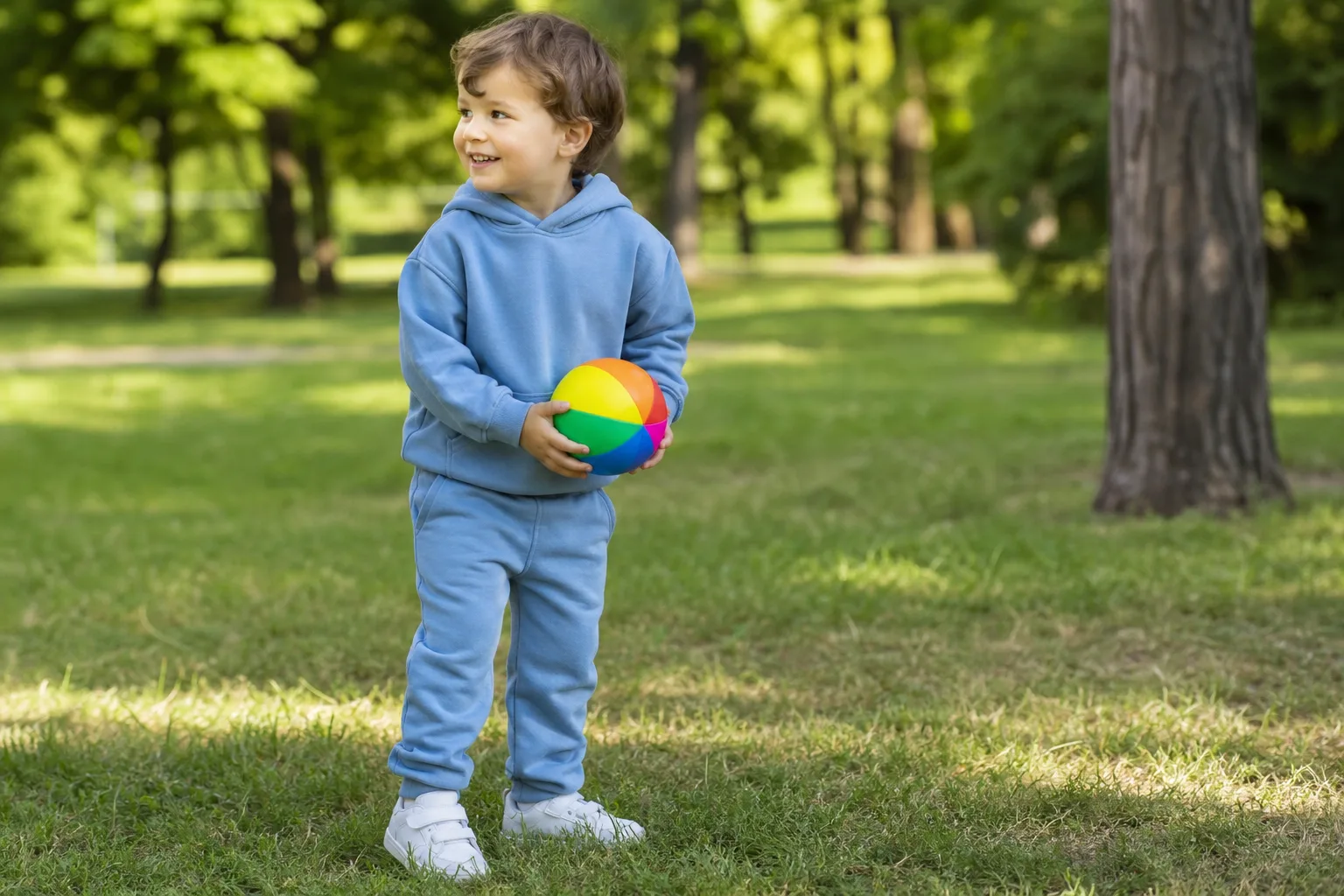 Egy kisgyerek játszik a parkban, kényelmes szabadidőszettben, színes labdával a kezében, körülötte fű és fák.