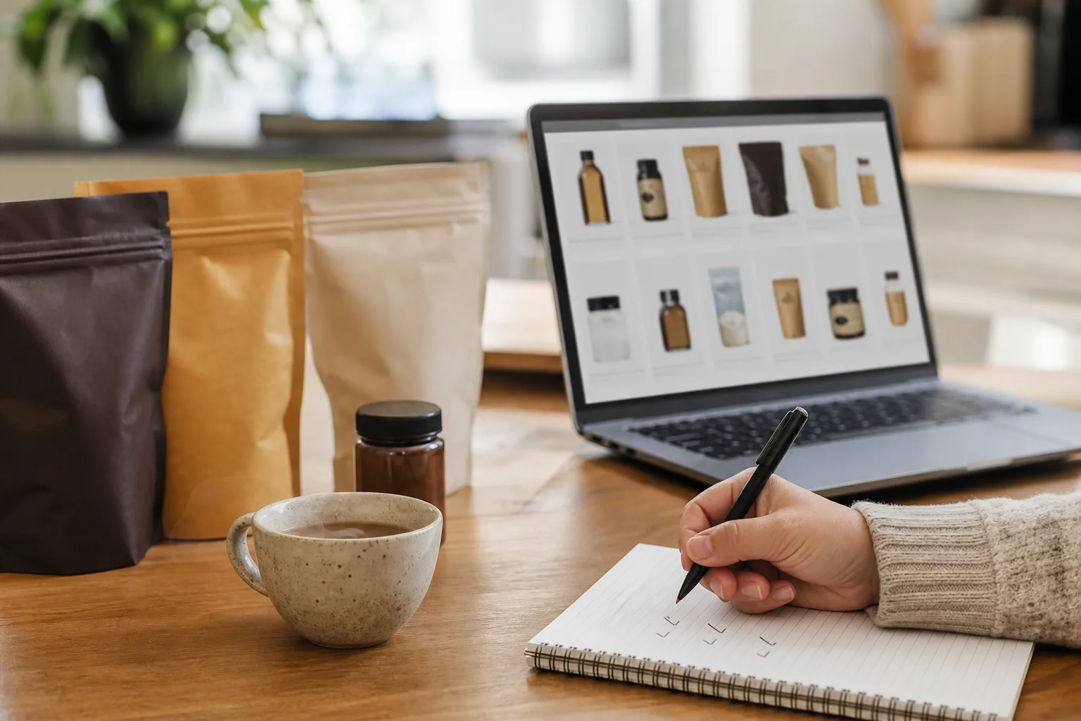 Konyhaasztalon gőzölgő csésze, mellette több bontatlan, felirat nélküli kávés és étrend-kiegészítős csomag, egy nyitott laptop termékképekkel a képernyőn, miközben egy kéz jegyzetfüzetbe pipálja az elsőként kipróbálandó termékeket.