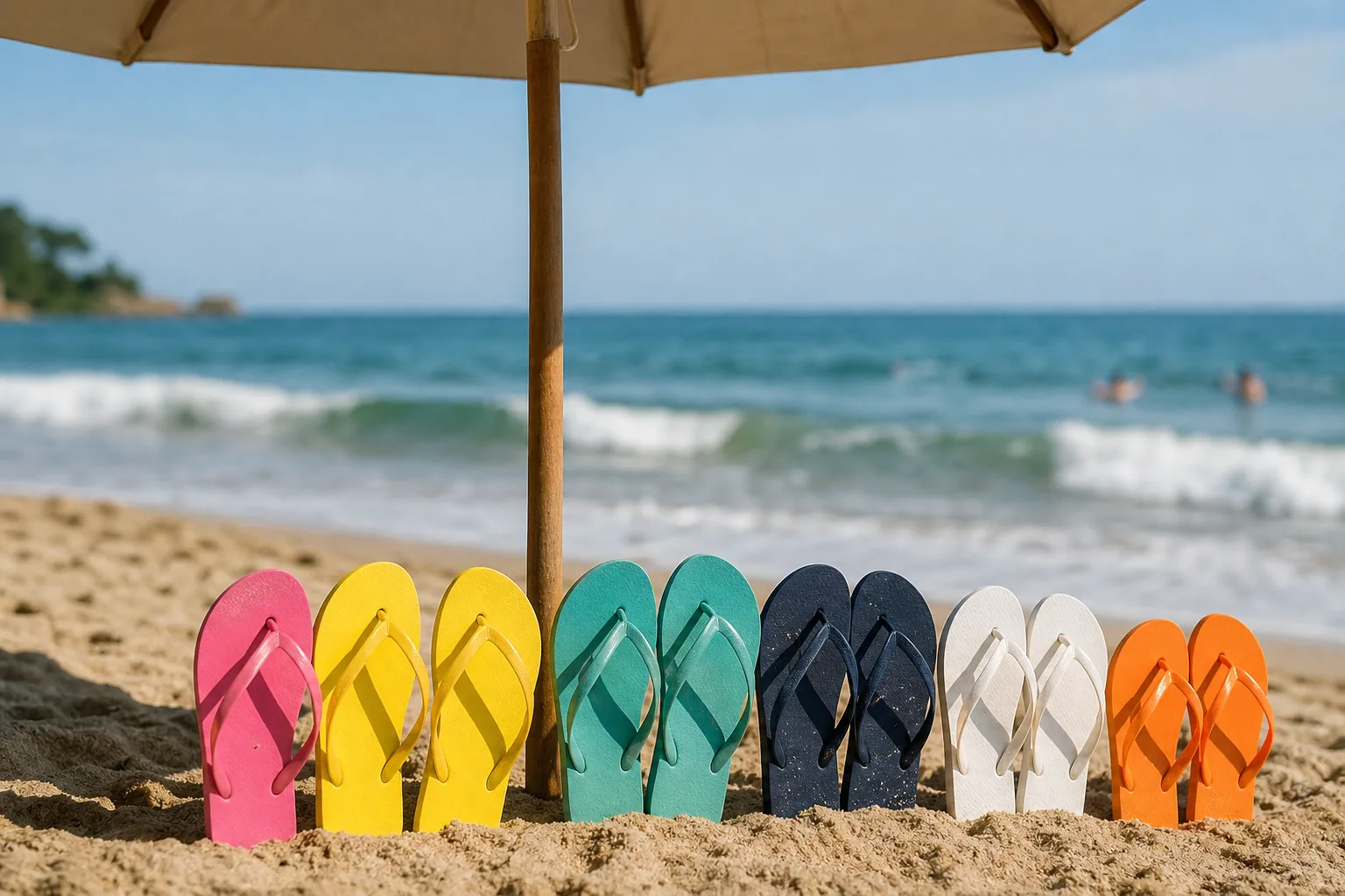 Színes strand papucsok sorakoznak egy napernyő alatt a homokban, miközben a tenger hullámai a háttérben láthatók.