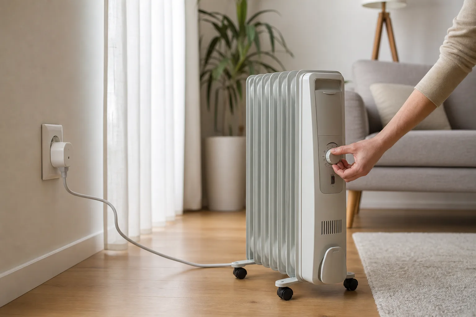 Nappaliban az olajradiátor sík padlón áll legalább egy méterre a függönytől és a kanapétól, a konnektornál okosdugó van, egy kéz éppen a radiátor termosztátgombját állítja, miközben a közelben nincs ráterített ruha vagy takaró.