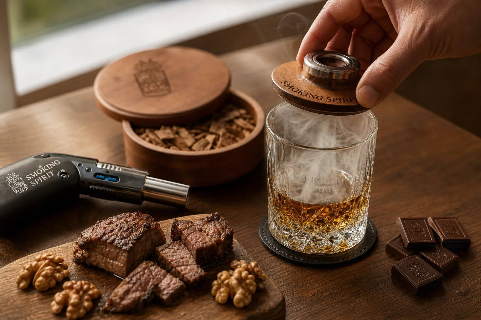 Otthoni étkezőasztalon egy kéz éppen leveszi az üvegbúrát a frissen füstölt whiskeyspohárról; a pohár mellett falapon sült húsfalatok, pirított dió és étcsokoládé darabok sorakoznak, a háttérben nyitott faaprítékos tálka és kis konyhai égő látszik.