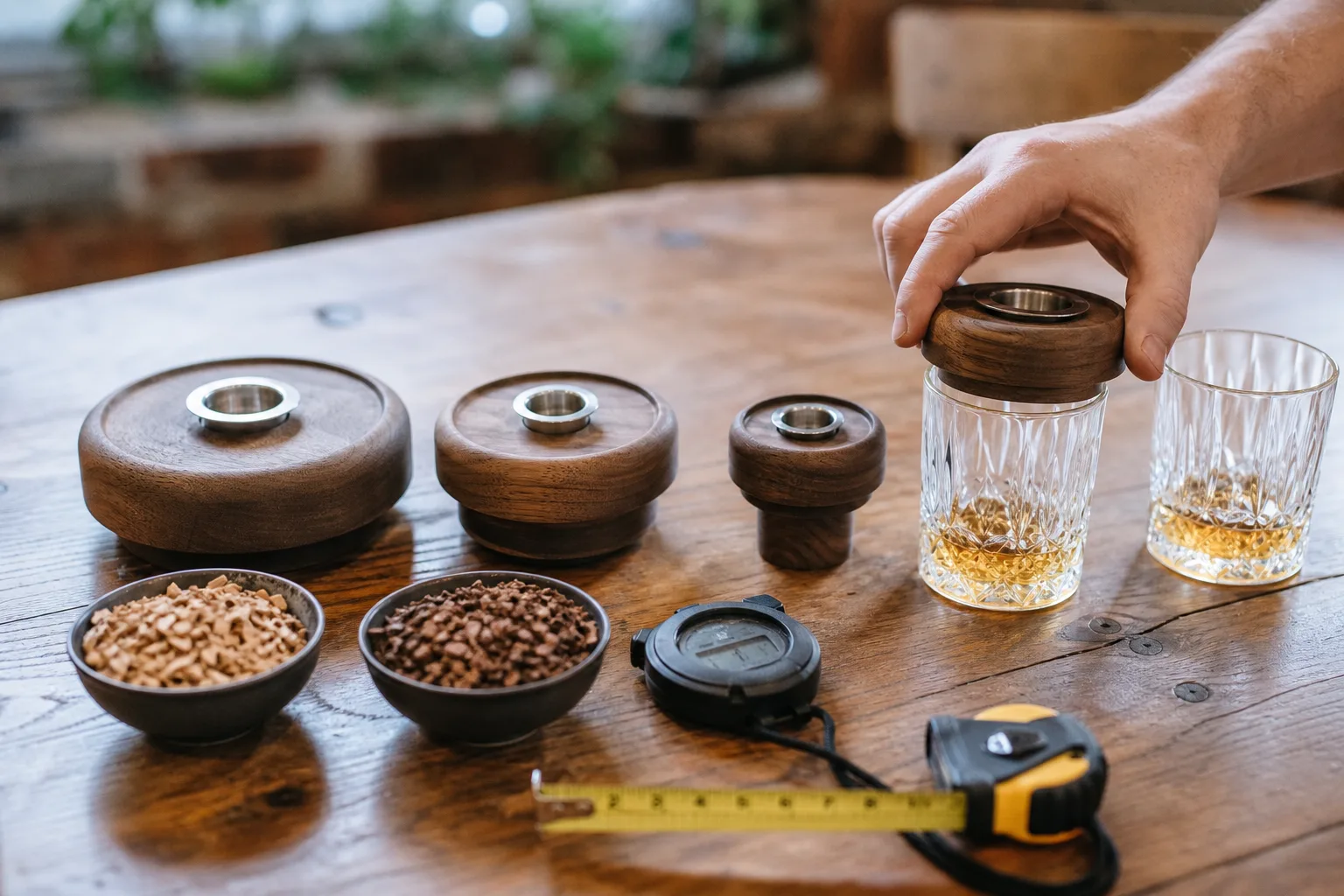 Étkezőasztalon elrendezett összehasonlító jelenet: három különböző méretű whiskey füstölő fedő egymás mellett, mellettük kis tálkákban világos és sötét faforgács, stopperóra, mérőszalag és két azonos italos pohár, miközben egy kéz az egyik füstölőt a pohár peremére próbálja illeszteni.