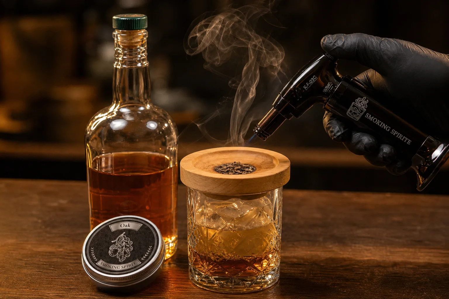 Közeli fotó egy fa bárpulton álló whiskeyspohárról: borostyánszínű ital jégkockával, mellette érintetlen címke nélküli üvegpalack, a pohár tetején kis füstölőfedél; egy kéz éppen visszaveszi a gázégő lángját, miközben csak vékony füstcsík száll a faforgácsból.