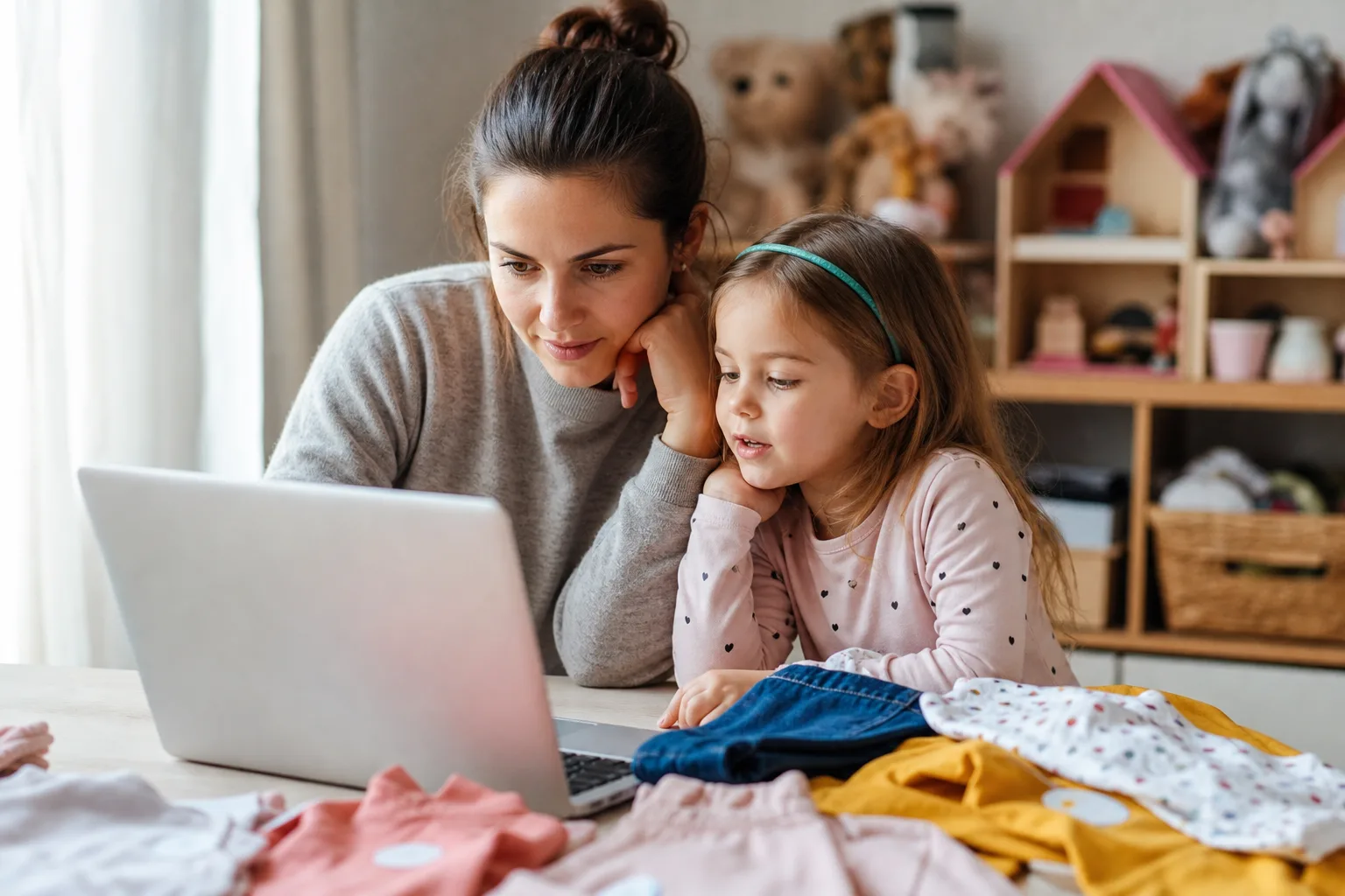 anya és gyermeke laptop előtt ülve gyerekruhát választanak, a háttérben játékokkal teli szoba