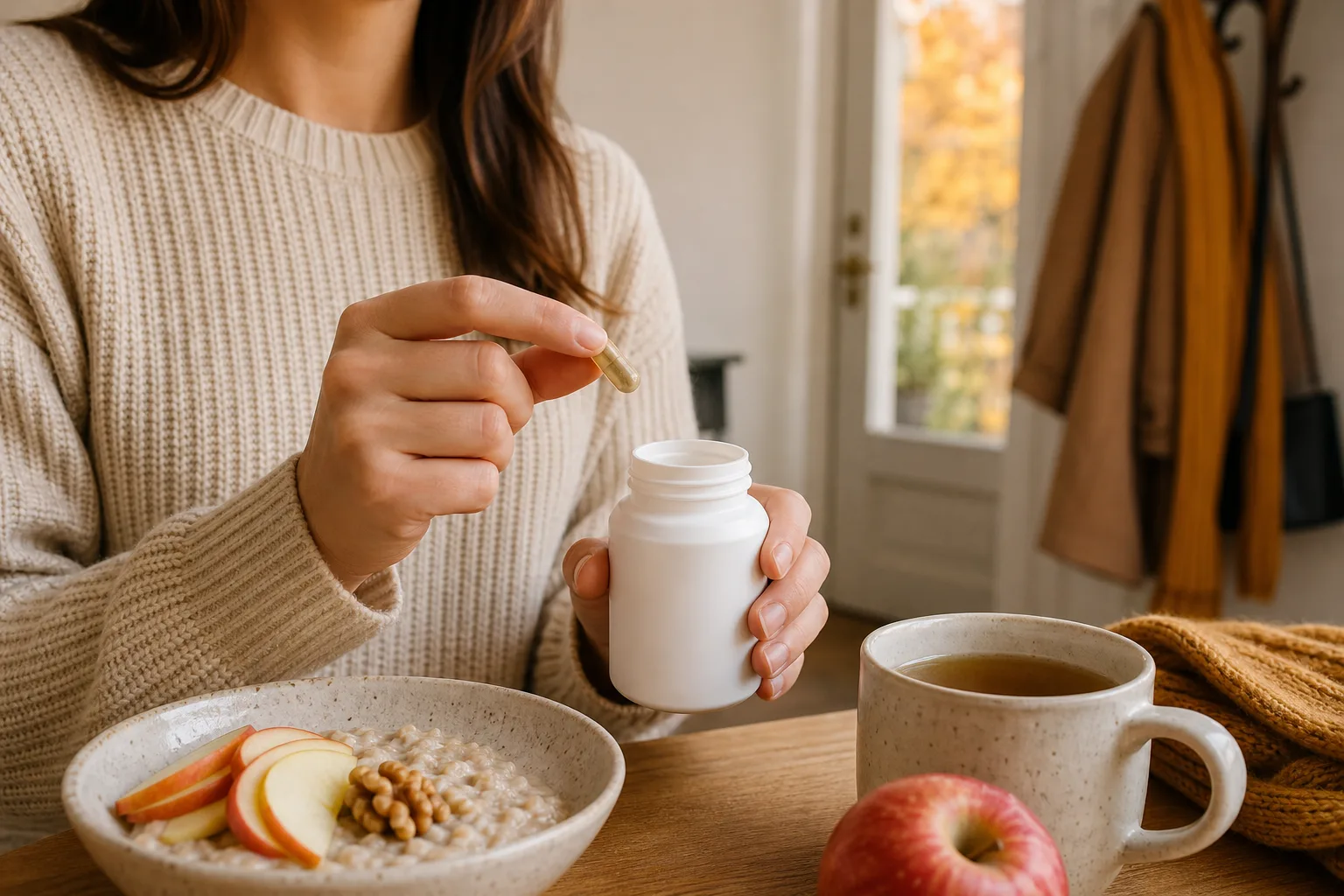 Reggeli konyhai jelenetben egy személy zabkása, alma és tea mellé egy kapszulát vesz ki egy felirat nélküli tégelyből, miközben a háttérben kabát és sál lóg az ajtó mellett, indulás előtti őszi rutin hangulatával.