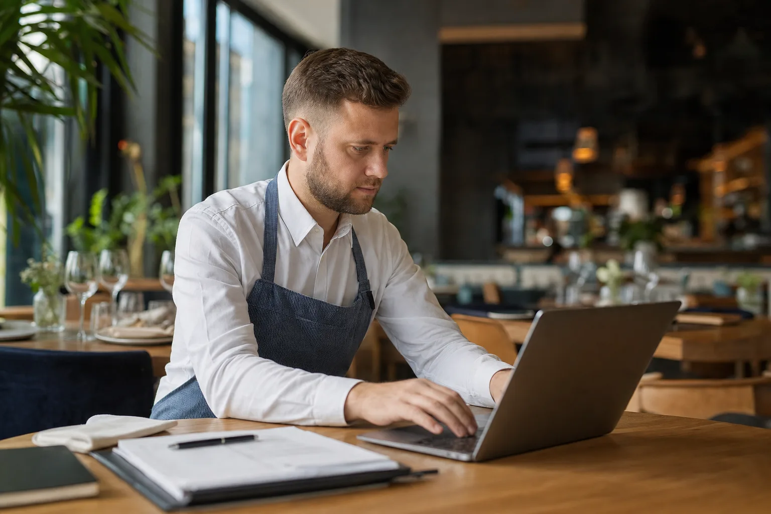 étteremvezető laptopon dolgozik, marketing kampányokat tervez a vendégtérben