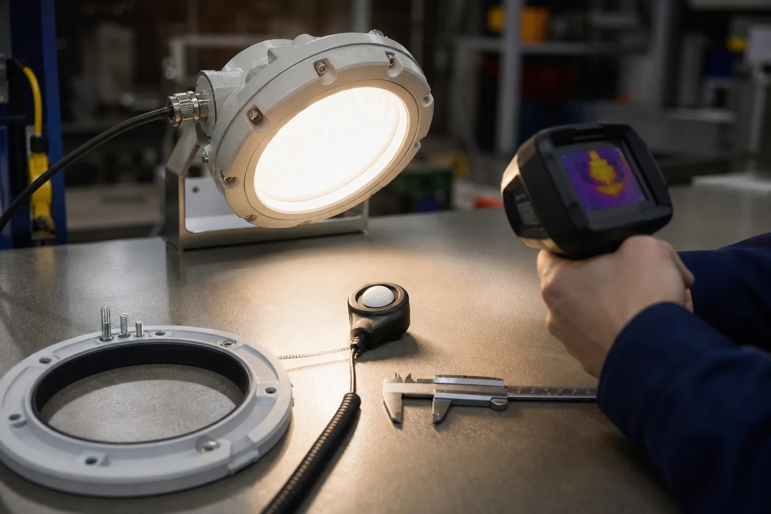 Laborasztalon bekapcsolt robbanásbiztos lámpatest világít egy matt mérőfelületre, előtte luxmérő érzékelőfeje, tolómérő, hőkamerát tartó technikus keze és egy nyitott, csavarokkal rögzíthető tömítőperem látható.