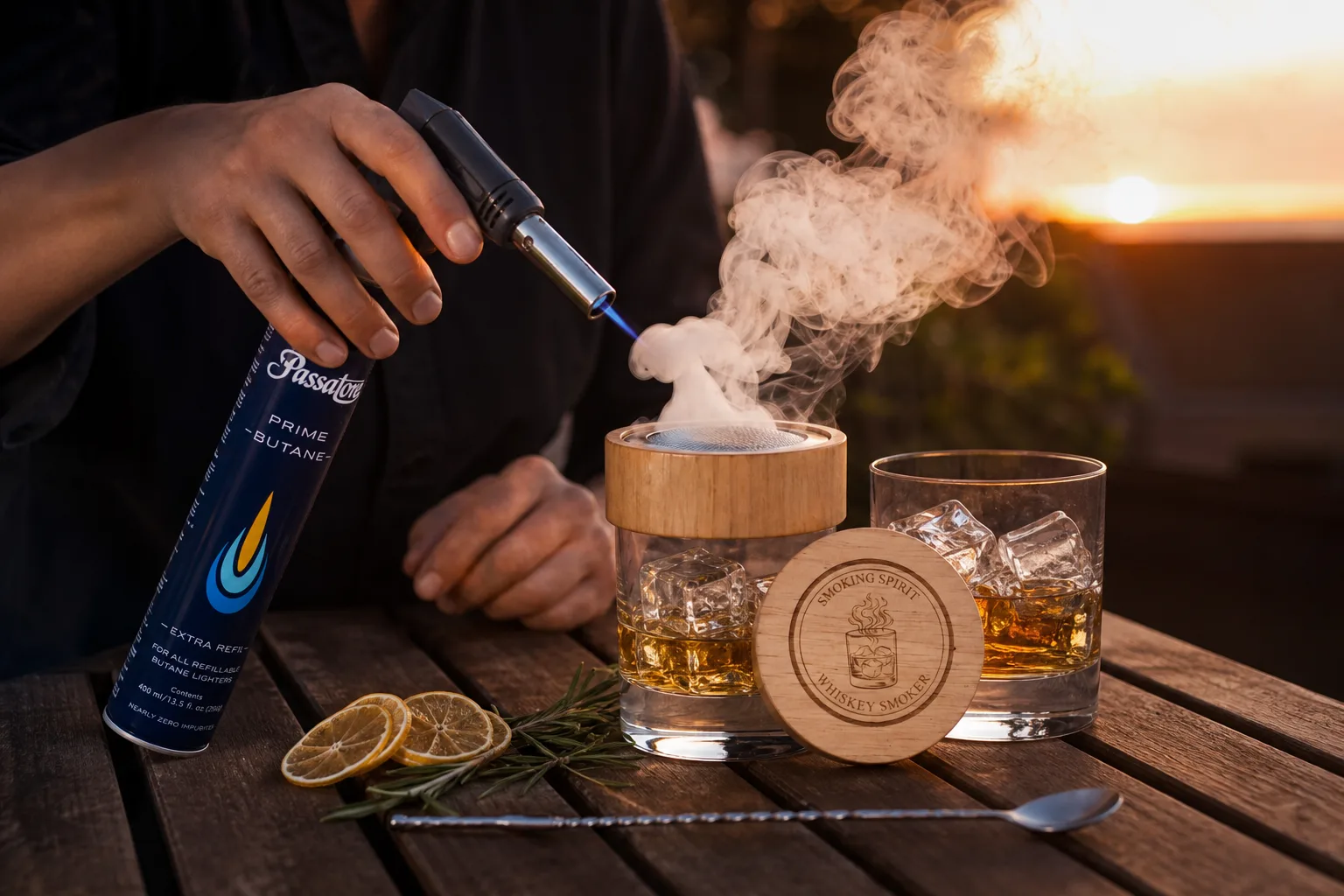Esti teraszon faasztalon két whiskyspohár jéggel, az egyik tetején koktélfüstölőből sűrű fehér füst gomolyog; egy ember zsebsárkánnyal melegíti a faaprítékot, mellette citruskarikák, rozmaringág és egy koktélkeverő kanál hever.