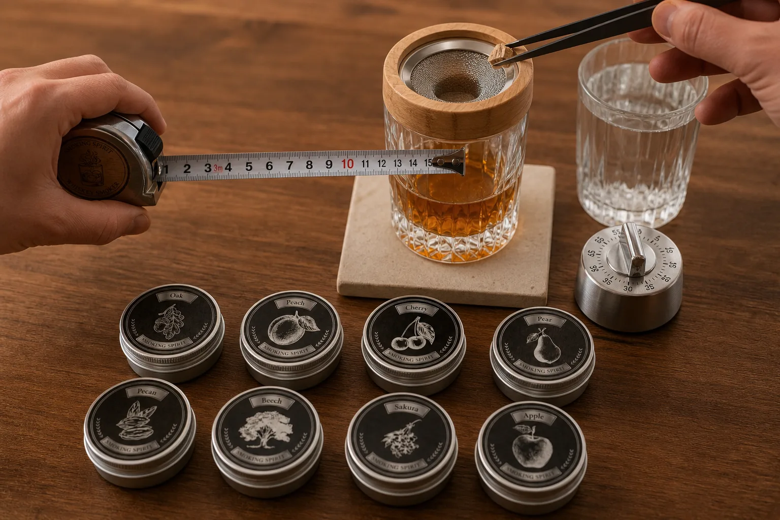 Fa étkezőasztalon hőálló kerámialapra tett whiskeyspohár és füstölő eszköz, mellette fém mérőszalag, kis konyhai időzítő, üres vízzel teli pohár és csipesszel megfogott faforgács; egy kéz a pohár körüli szabad távolságot méri.