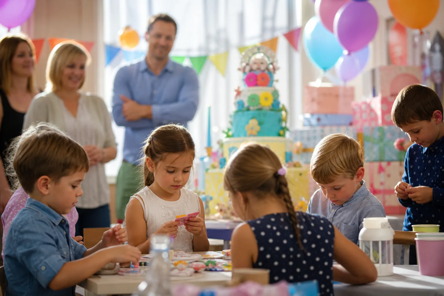 Egy születésnapi ünnepség helyszíne, ahol különböző korú gyerekek játszanak, a háttérben egy nagy, színes torta és ajándékok, a szülők figyelik őket.