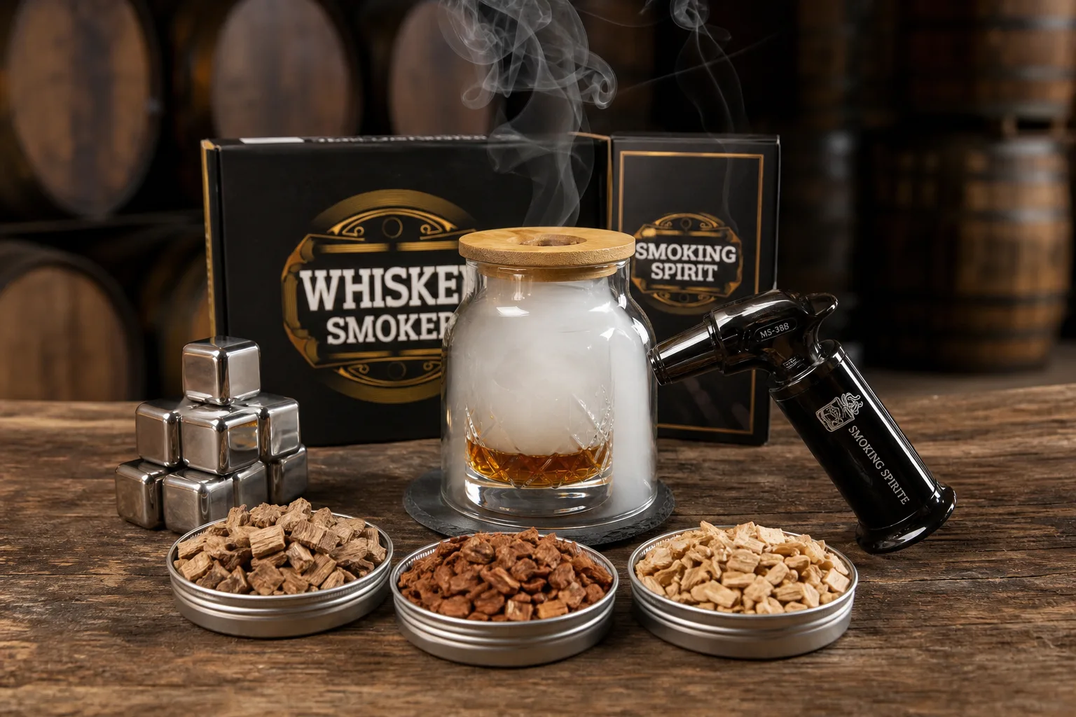 Rusztikus faasztalon három külön kupac faapríték — tölgy, cseresznye és almafa — kis fémtálkákban, mellettük whiskey-s pohár és kézi füstölőpisztoly, miközben vékony füst áramlik a pohár fölé helyezett üvegbúra alá.