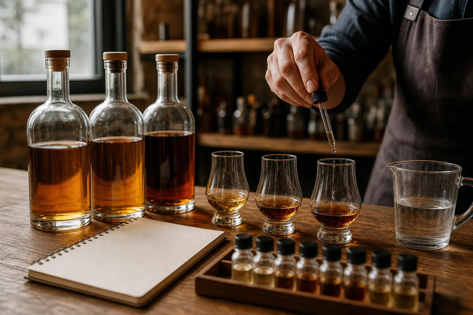 Konyhapulton egymás mellett három címke nélküli whiskey-palack, mérőpohár, jegyzetfüzet üres lapokkal, illatmintás kis üvegcsék és árnyalatokat mutató borostyánszín folyadék poharakban; egy személy pipettával csepp vizet adagol az egyik pohárba.