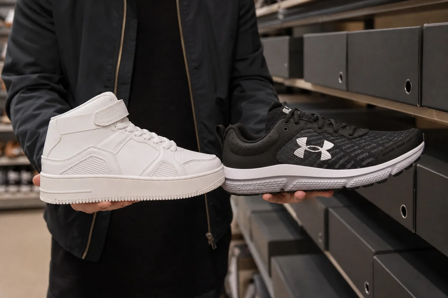 Egy outlet üzlet cipősorai között egy vásárló két, márkajelzés nélküli cipőt tart a kezében: az egyik fehér bőr sneaker, a másik fekete félcipő; előtte rendezett polcokon különböző méretű cipősdobozok állnak, a dobozok felirat nélküli oldala kifelé fordítva.