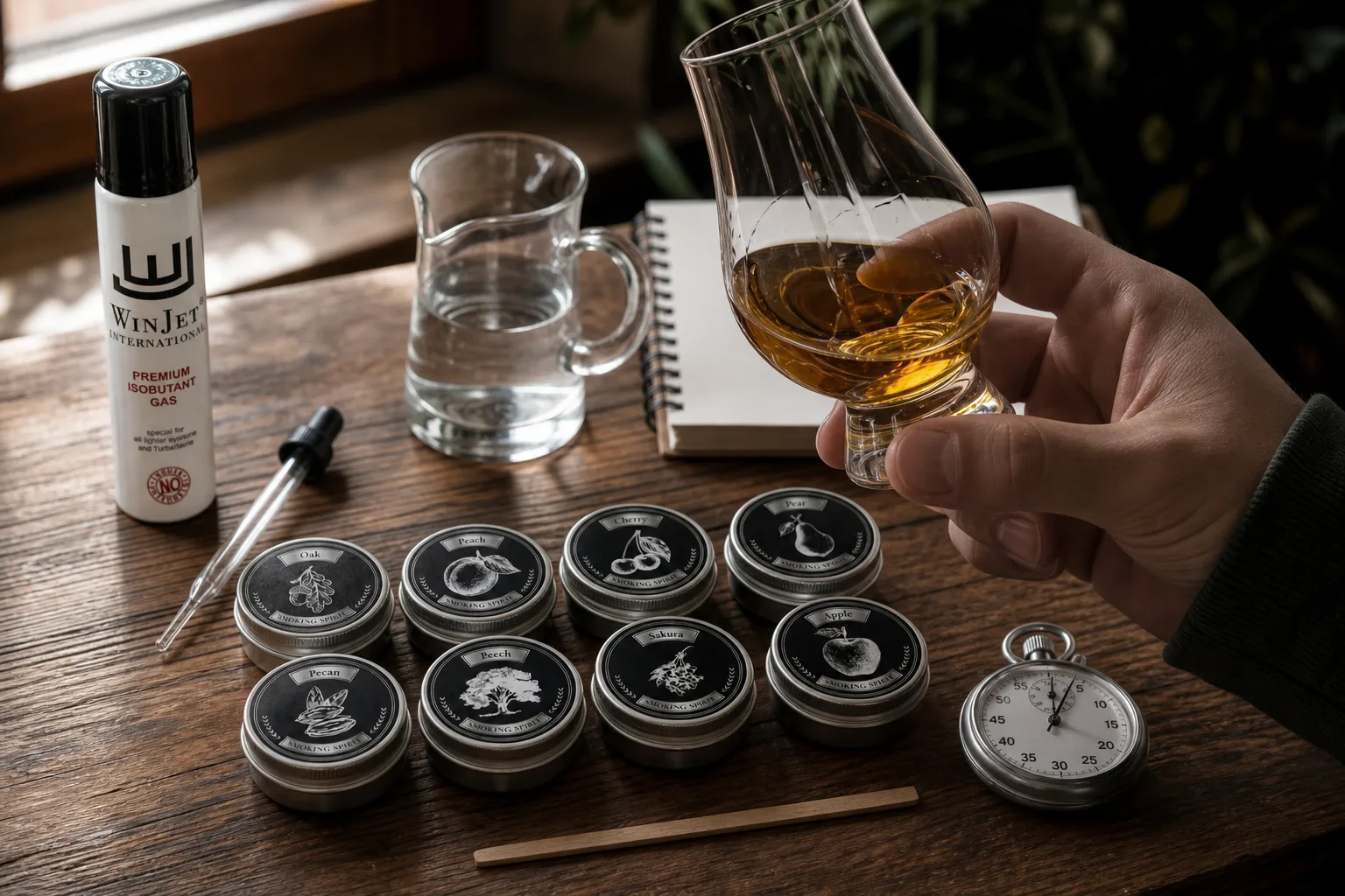 Közeli kép egy whiskeykóstoló asztalról: tulipán alakú pohárban aranyló whiskey, mellette pipetta, kis vízkiöntő, tölgyfa pálcika, stopperóra és jegyzetfüzet üres lapokkal; egy kéz a poharat fény felé emeli, hogy az ital színét és olajos lecsorgását figyelje.