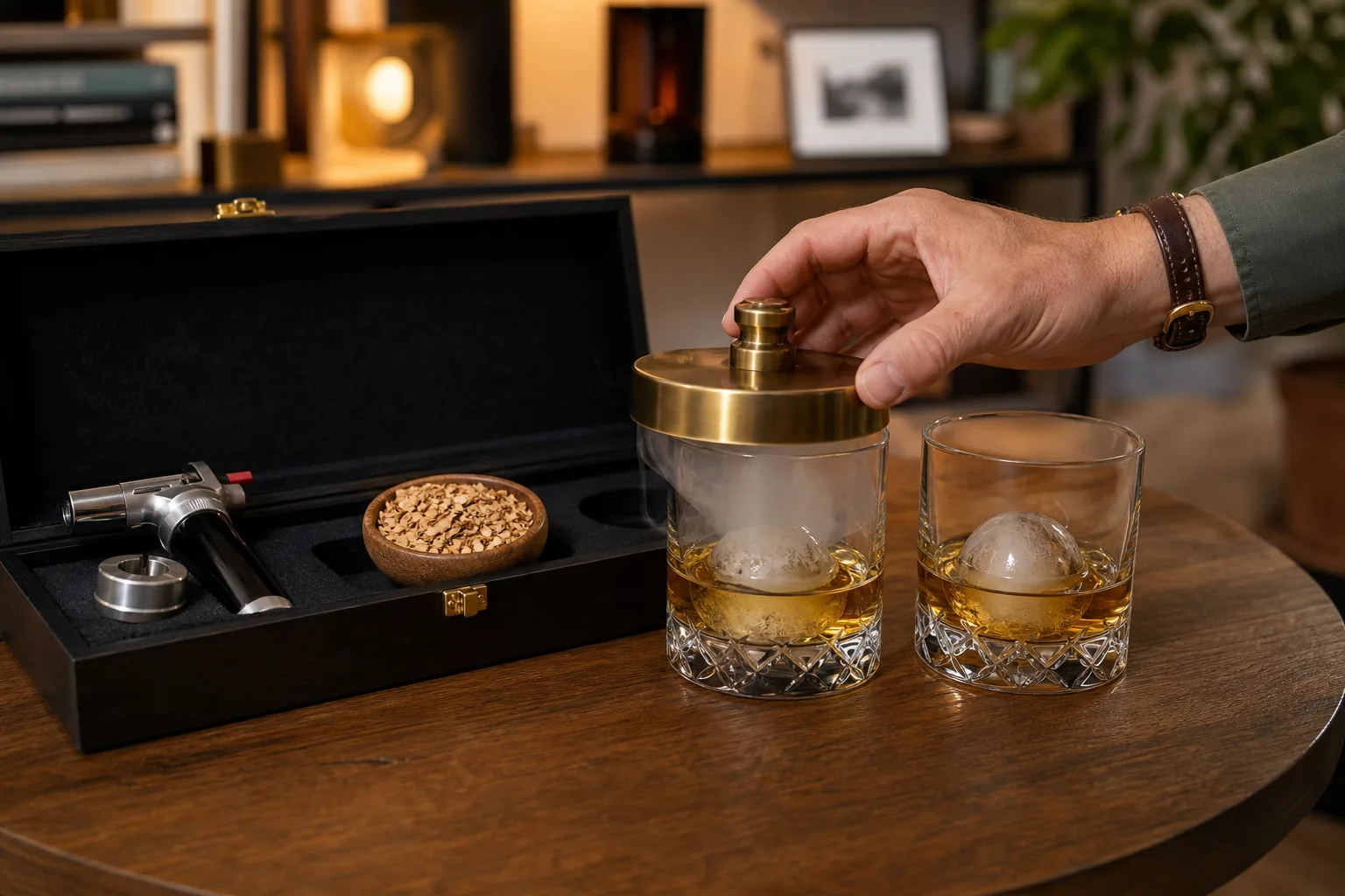 Diófa dohányzóasztalon elegáns fa whiskey füstölő készlet kinyitott dobozban: tölgyfaforgács kis tálkában, fém füstölőfedél, szakácsfáklya és két vastag falú whiskeyspohár jéggömbbel; egy kéz éppen a füstölőfedelet helyezi az egyik pohár tetejére, háttérben meleg fényű nappali polccal.