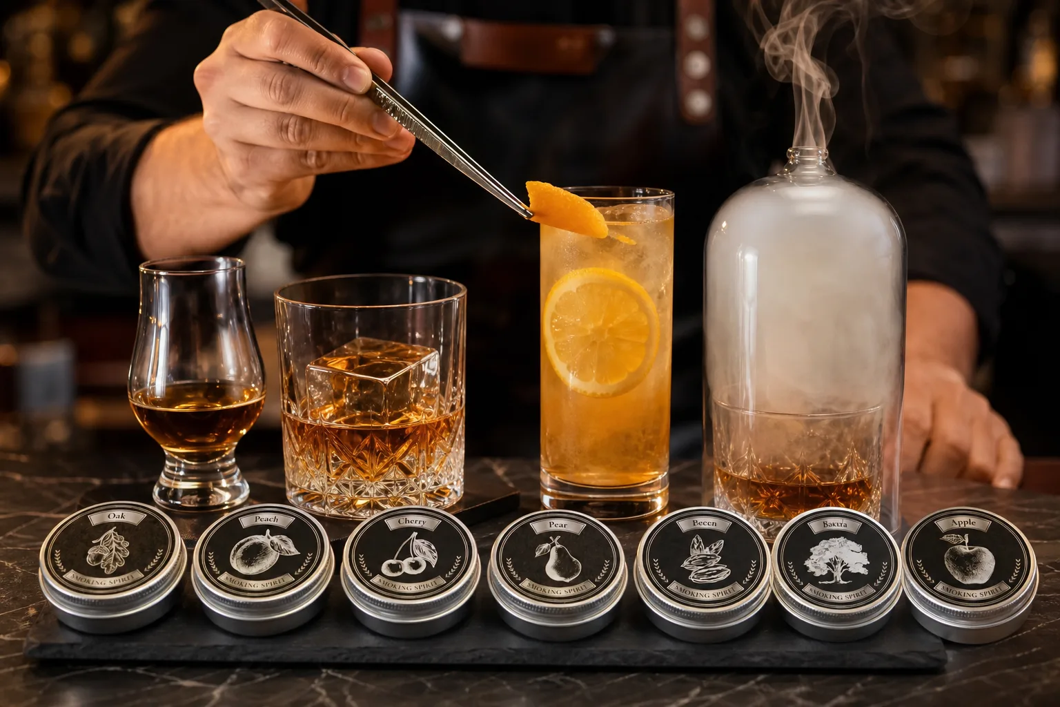 Bárpulton négy elkülönített pohárkompozíció látható: tulipánpohárban tiszta whiskey, tumblerben whiskey nagy áttetsző jégkockával, highball pohárban citruskarikás kevert ital, és alacsony pohár fölött üvegbúra alatt gomolygó füst; egy bartender csipesszel narancshéjat hajlít az egyik pohár fölé.