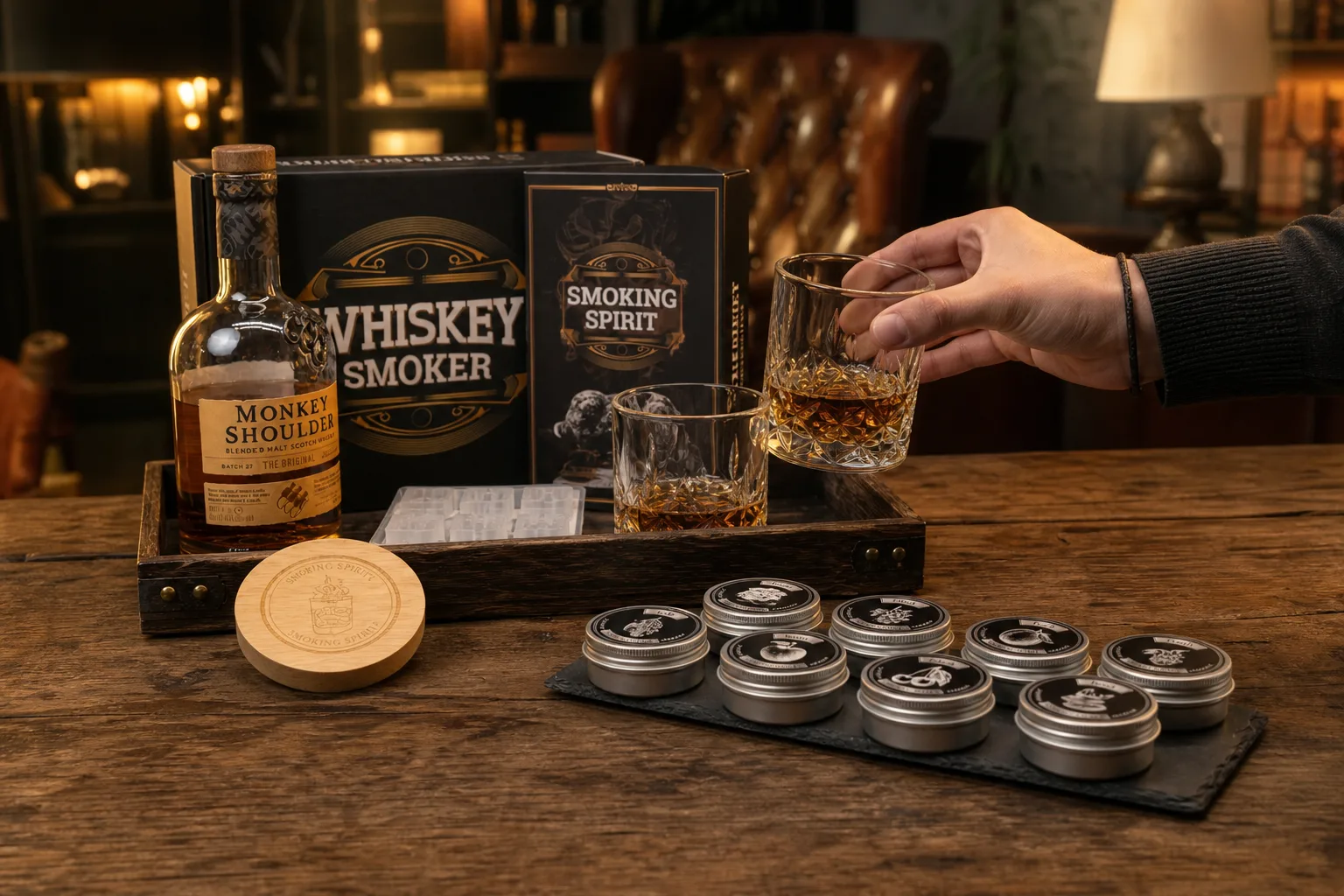 Fa étkezőasztalon három különböző whiskey-ajándék összeállítás látszik: egy palack borostyánszínű ital, két vastag falú pohár, jégkockaforma és fa díszdoboz, miközben egy férfikéz éppen a poharat emeli le a tálcáról; háttérben meleg fényű nappali és bőr fotel.