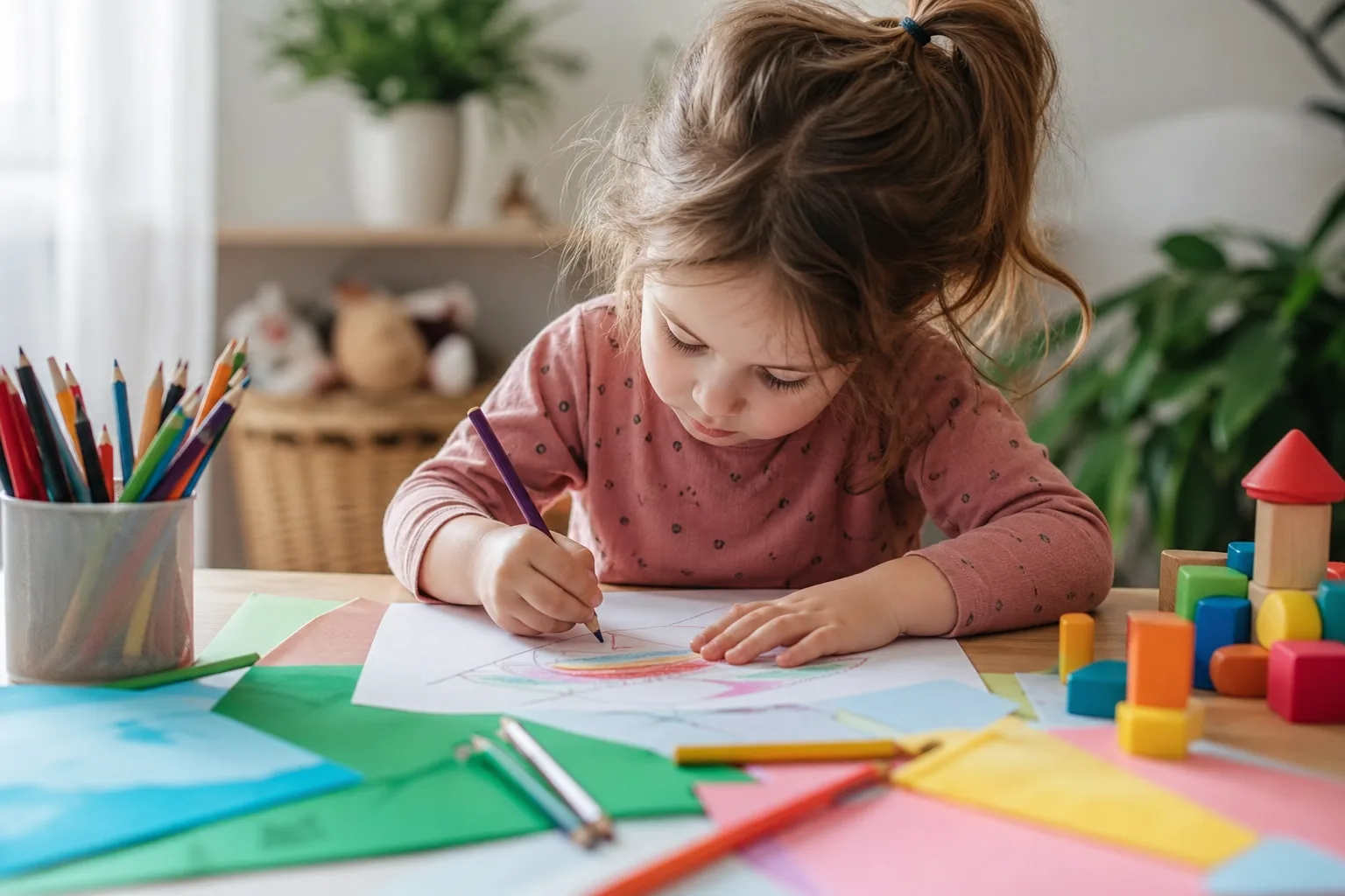 kisgyermek színes ceruzákkal rajzol az asztalon, körülötte színes papírok és játékok