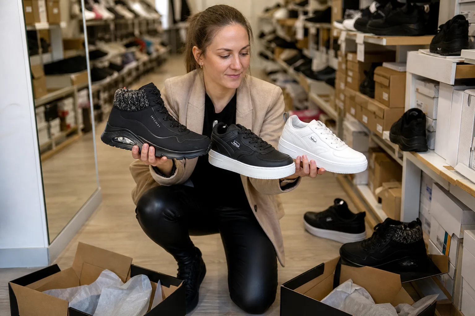 Egy outlet cipőbolt polcai előtt egy vásárló három különböző stílusú bőr- és sportcipőt tart a kezében, miközben a padlón nyitott cipősdobozok és próbaként félretett lábbelik sorakoznak.