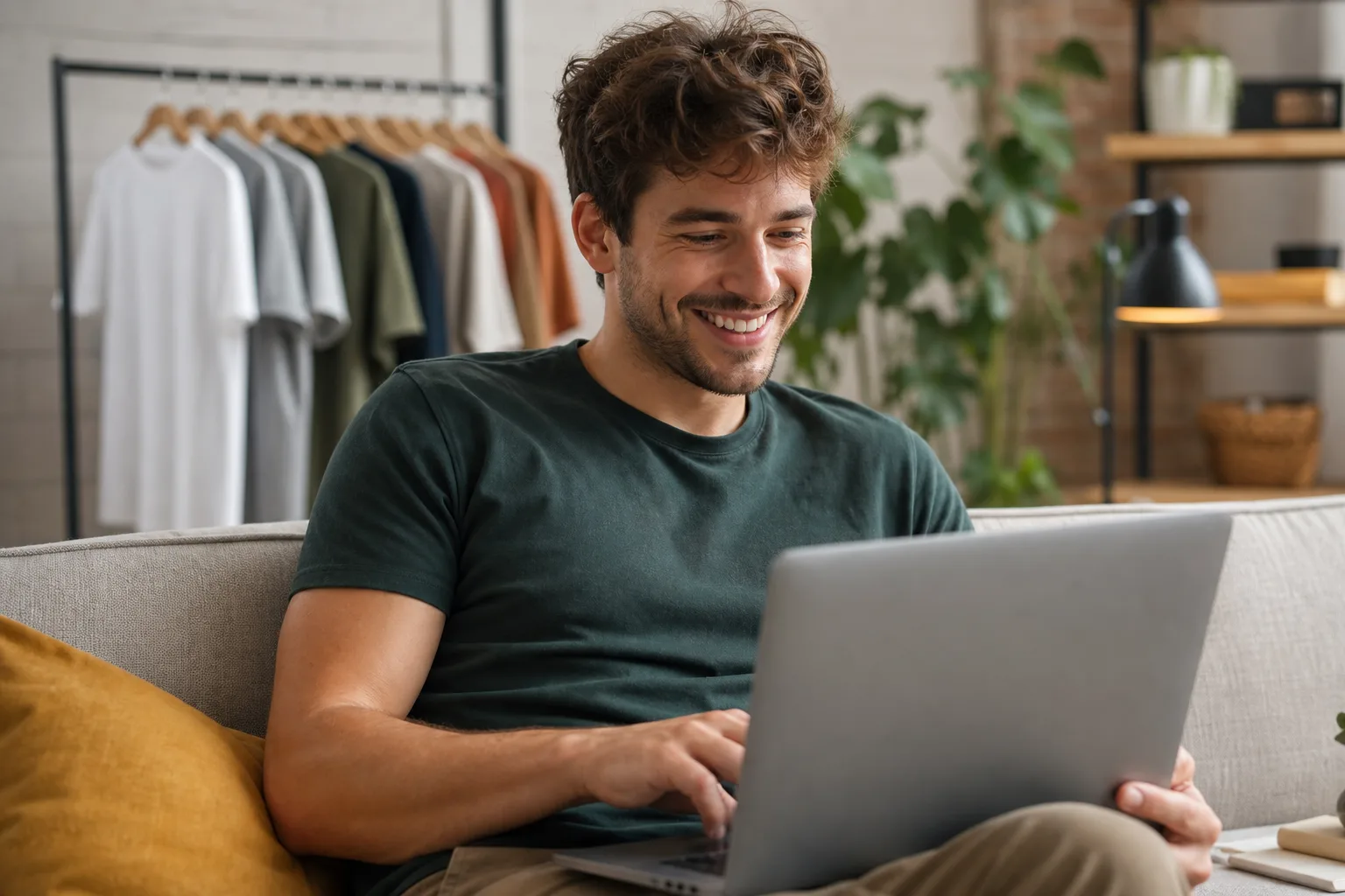 egy fiatal férfi online böngészi a póló kínálatot a laptopján, mosollyal az arcán