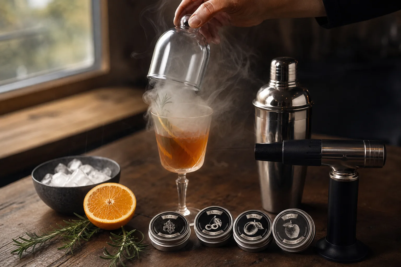 Konyhai fa munkalapon talpas pohárban borostyánszínű, füstbúra alatt gomolygó mocktail, mellette félbevágott narancs, rozmaringág, jégkockákkal teli kis tál és kézi füstölő pisztoly; egy kéz éppen felemeli az üvegbúrát.