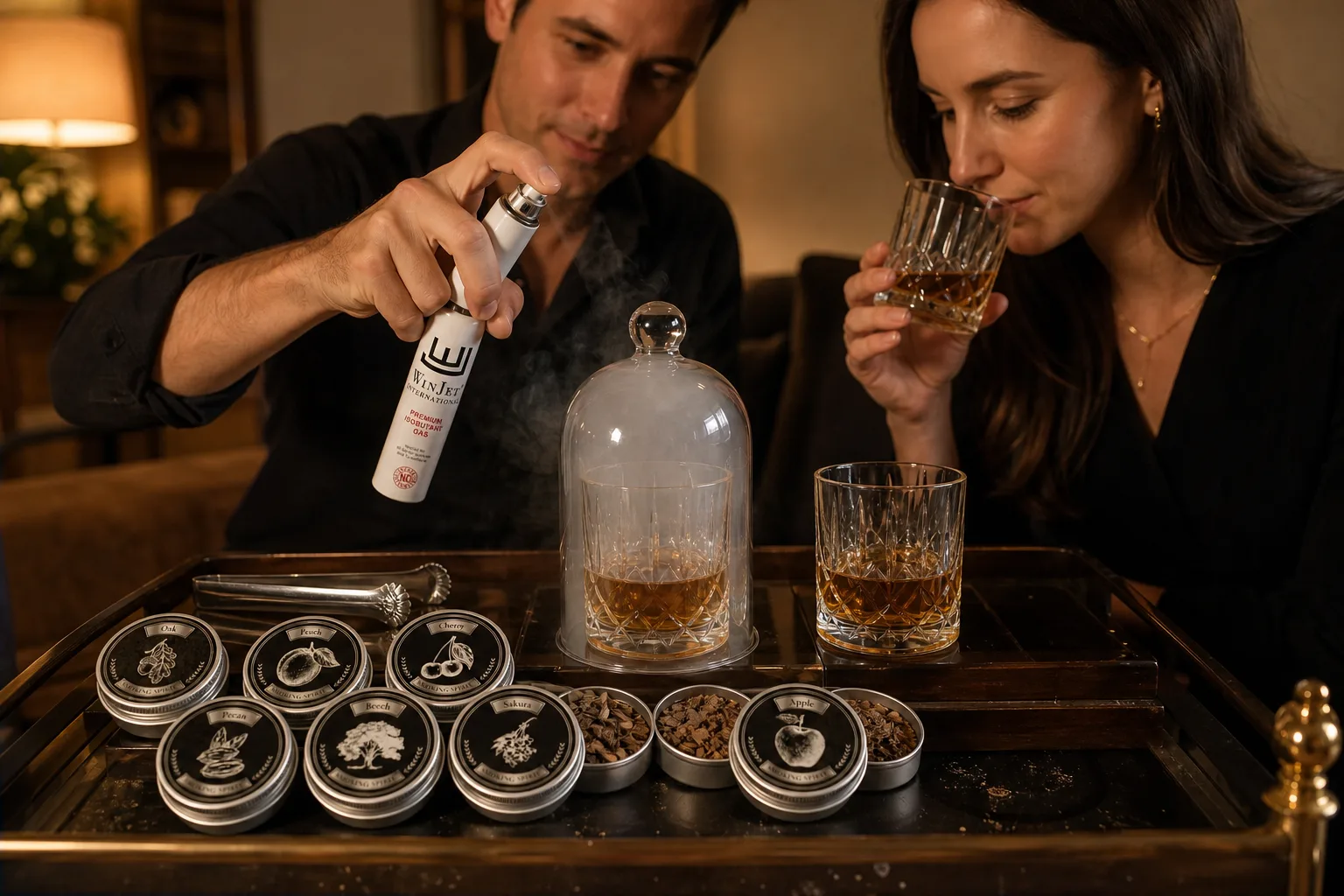 Esti nappaliban egy házi bárkocsin két pohár whiskey egymás mellett, az egyik fölött frissen felszálló füstkupola, mellette nyitott faaprítékos tálak és jégcsipesz; egy ember kipróbálja a füstölőt, a társa pedig kóstolás előtt megszagolja a poharat.