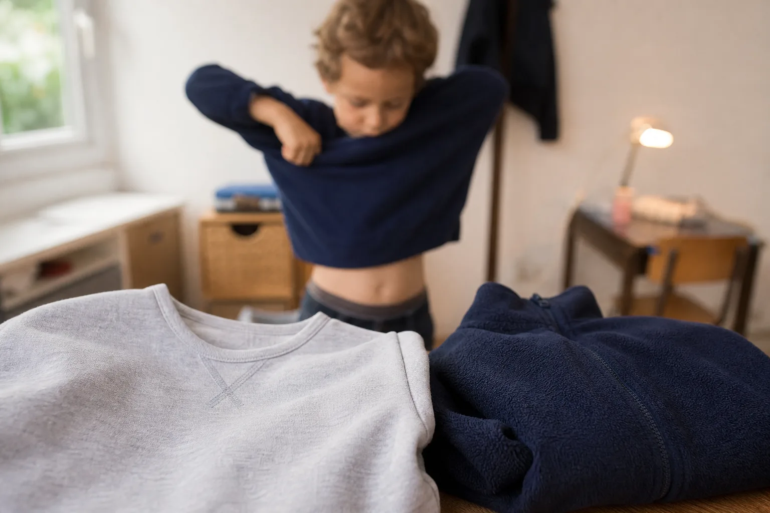 Két különböző anyagú pulóver (pamut és fleece) egymás mellett egy asztalon, a háttérben egy gyerek, aki éppen próbálja fel az egyik pulóvert.