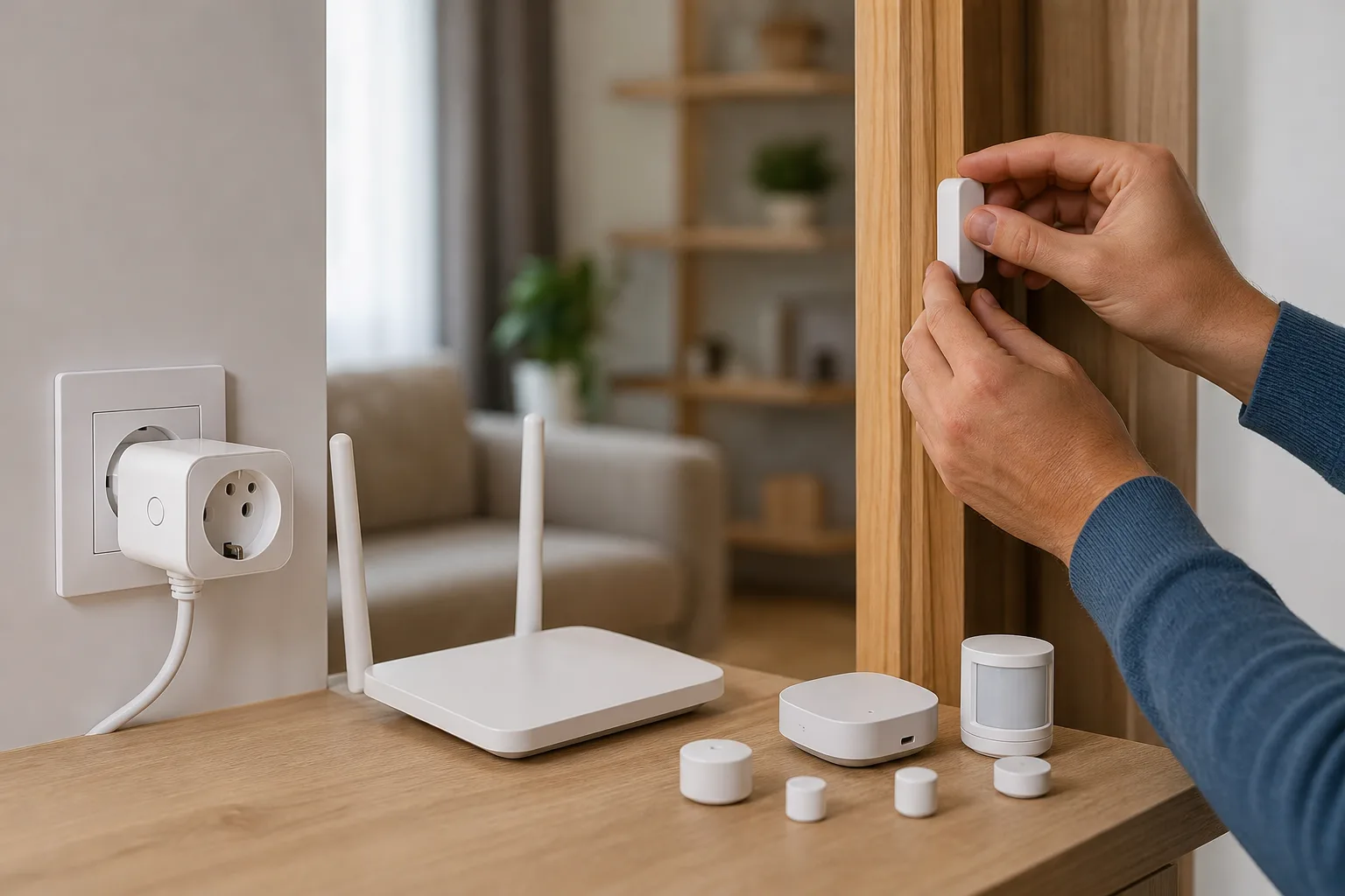 Konyhapulton két külön csoportba rendezett eszközök: bal oldalon konnektorba dugott WiFi okosdugalj a router közelében, jobb oldalon apró Zigbee érzékelők és egy központi átjáró, a fotós pillanatában valaki az egyik érzékelőt egy fa ajtókeretre ragasztja.